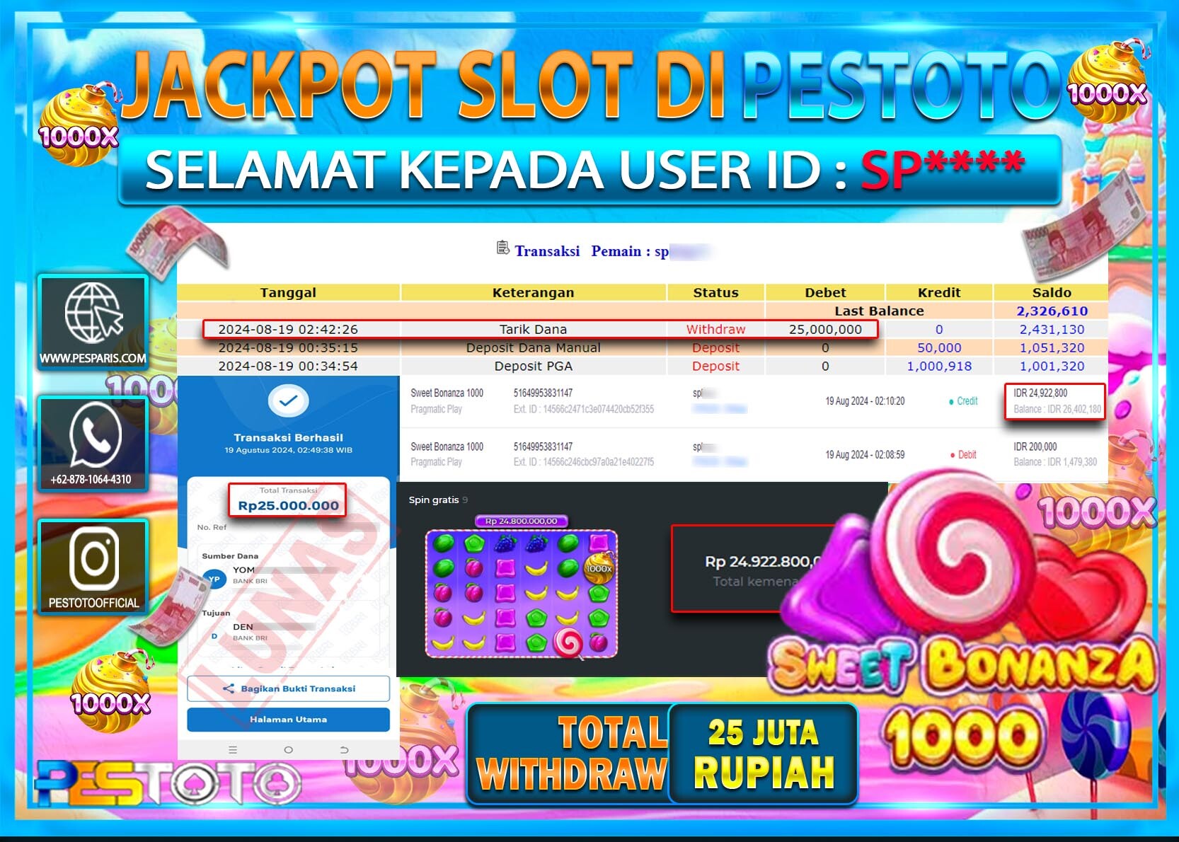 HANYA DI PESTOTO JP PASTI DI BAYAR LUNAS DAN CEPAT!!!!!! JP SLOT { SWEET BONANZA 1000 } Rp. 25.000.000!!!!!