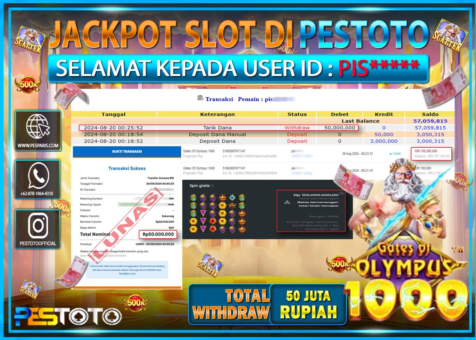 HANYA DI PESTOTO JP PASTI DI BAYAR LUNAS DAN CEPAT!!!!!! JP SLOT { GATES OF OLYMPUS 1000 } Rp. 50.000.000!!!!!