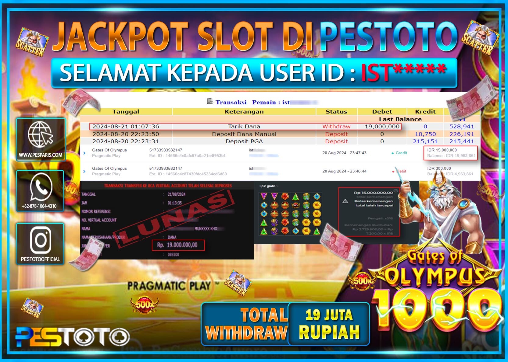 HANYA DI PESTOTO JP PASTI DI BAYAR LUNAS DAN CEPAT!!!!!! JP SLOT { GATES OF OLYMPUS 1000 } Rp. 19.000.000!!!!!