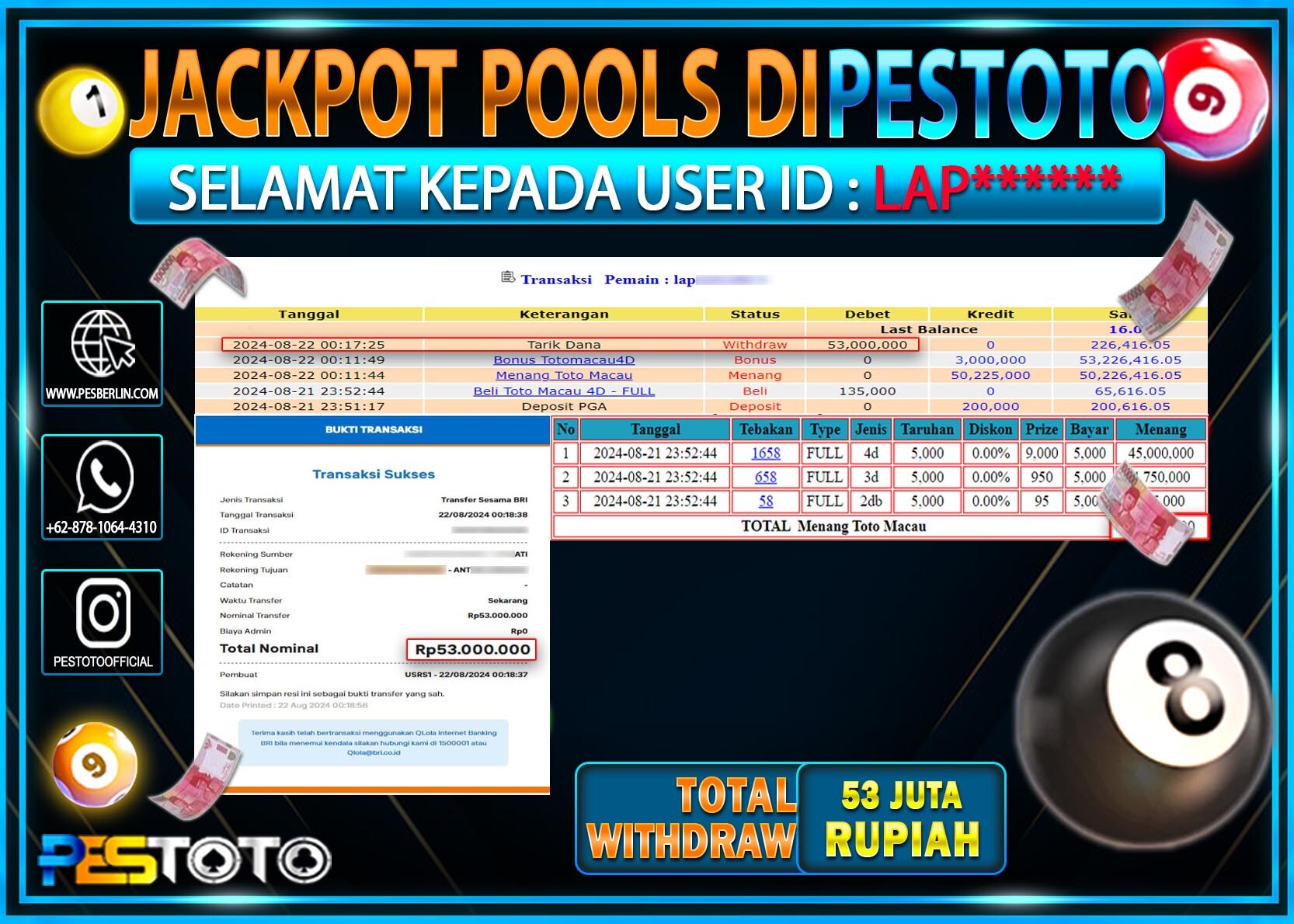 HANYA DI PESTOTO JP PASTI DI BAYAR LUNAS DAN CEPAT!!!!!! JP TOGEL { TOTO MACAU 4D } Rp. 53.000.000!!!!!