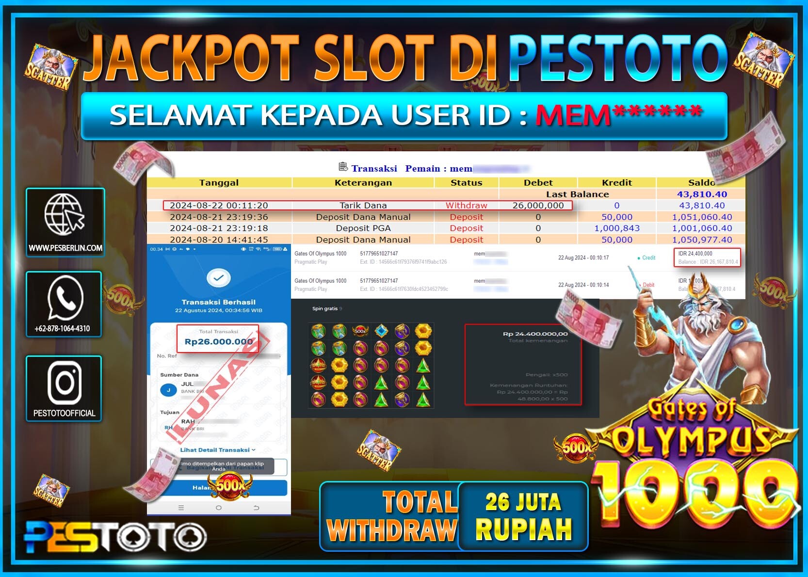HANYA DI PESTOTO JP PASTI DI BAYAR LUNAS DAN CEPAT!!!!!! JP SLOT { GATES OF OLYMPUS 1000 } Rp. 26.000.000!!!!!