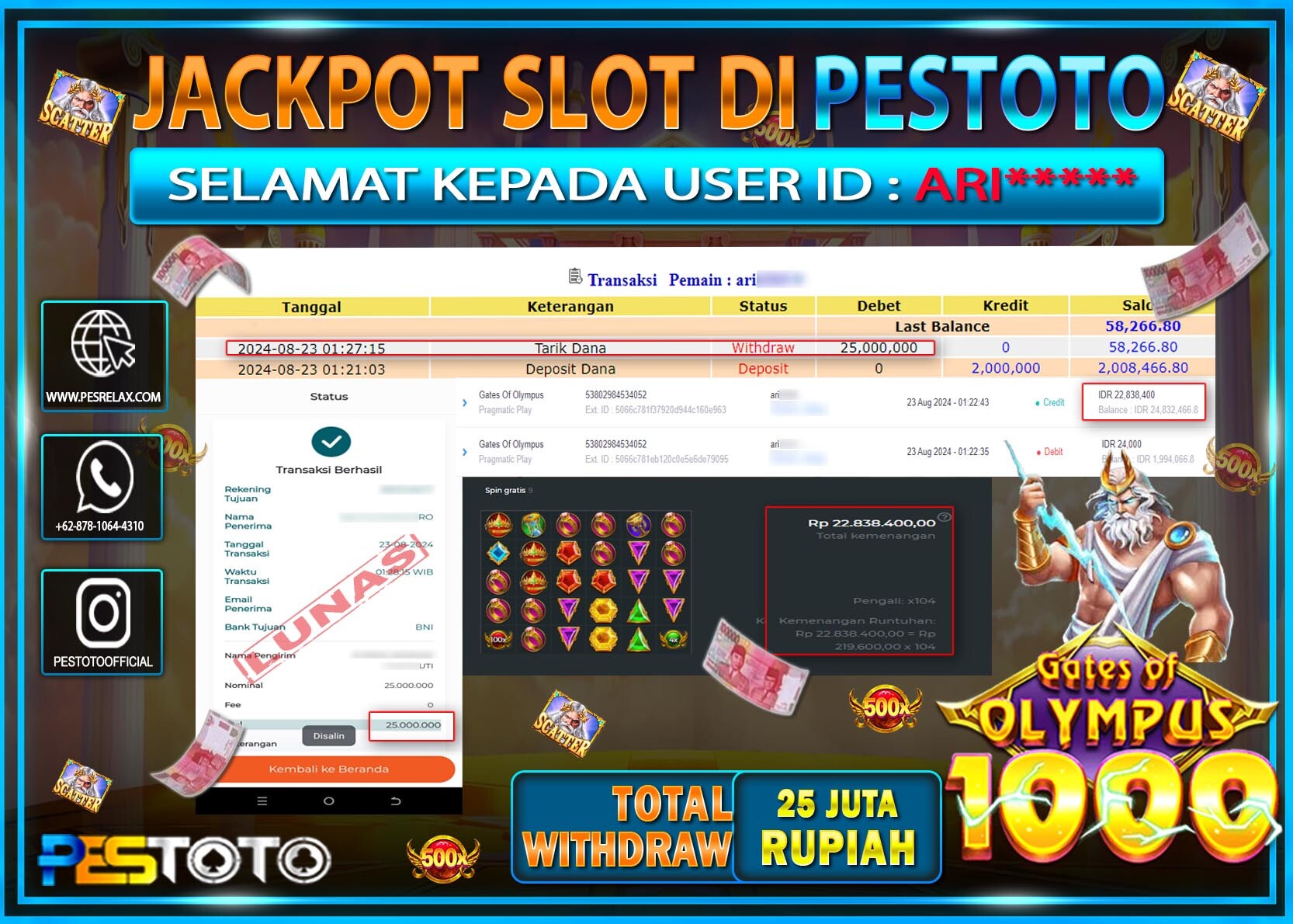 HANYA DI PESTOTO JP PASTI DI BAYAR LUNAS DAN CEPAT!!!!!! JP SLOT { GATES OF OLYMPUS 1000 } Rp. 25.000.000!!!!!