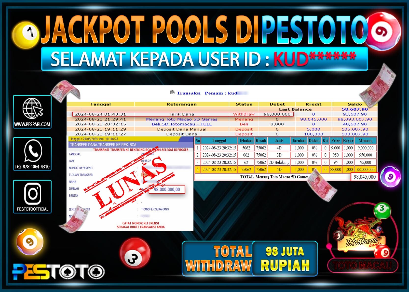 HANYA DI PESTOTO JP PASTI DI BAYAR LUNAS DAN CEPAT!!!!!! JP TOGEL { TOTO MACAU 5D } Rp. 98.000.000!!!!!