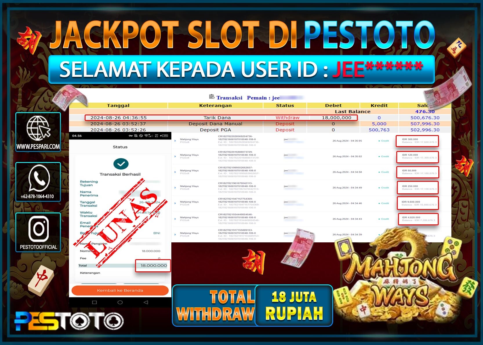 HANYA DI PESTOTO JP PASTI DI BAYAR LUNAS DAN CEPAT!!!!!! JP SLOT { MAHJONG WAYS } Rp.18.000.000