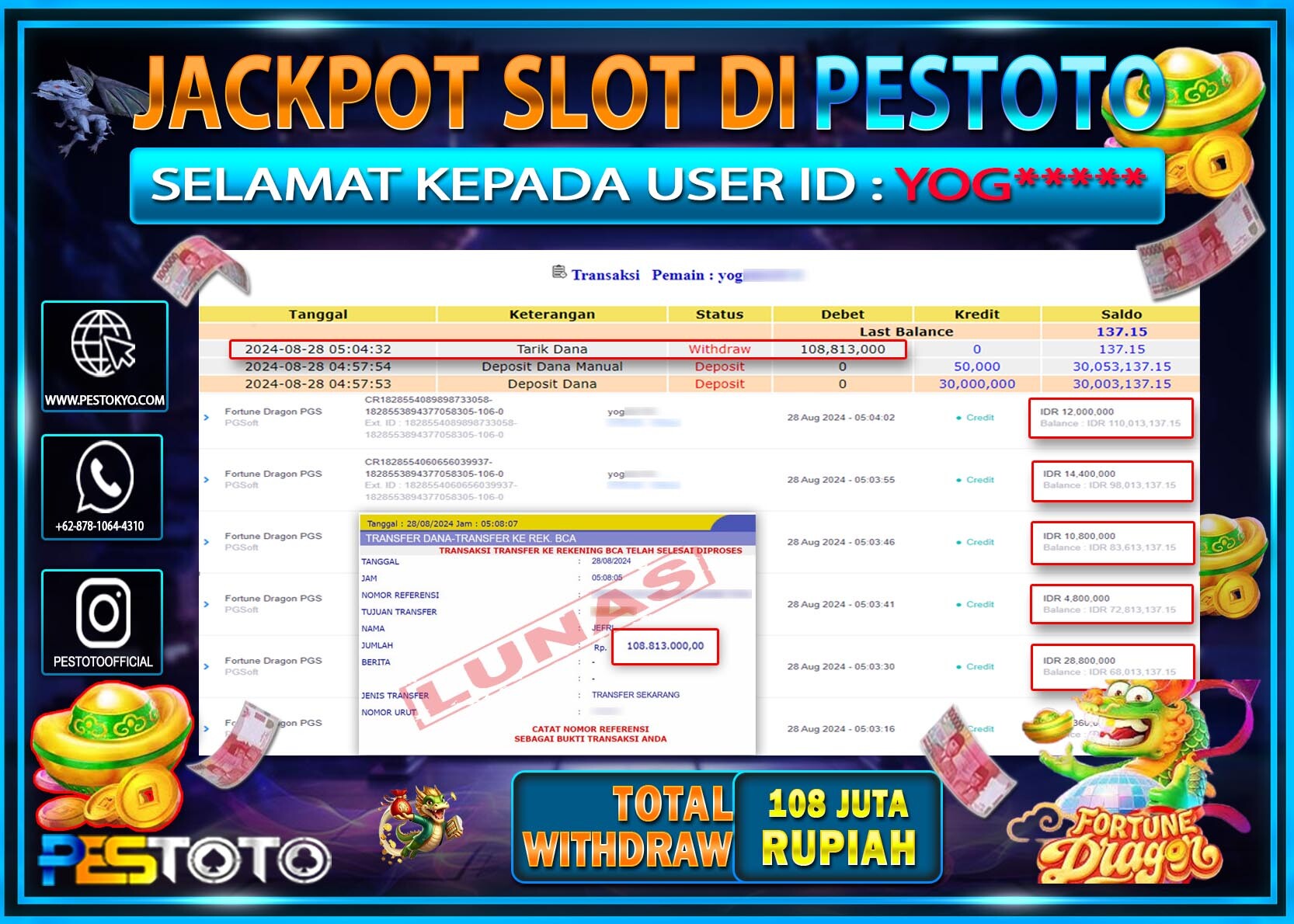 HANYA DI PESTOTO JP PASTI DI BAYAR LUNAS DAN CEPAT!!!!!! JP SLOT { GATES OF OLYMPUS 1000 } Rp. 108.000.000!!!!!