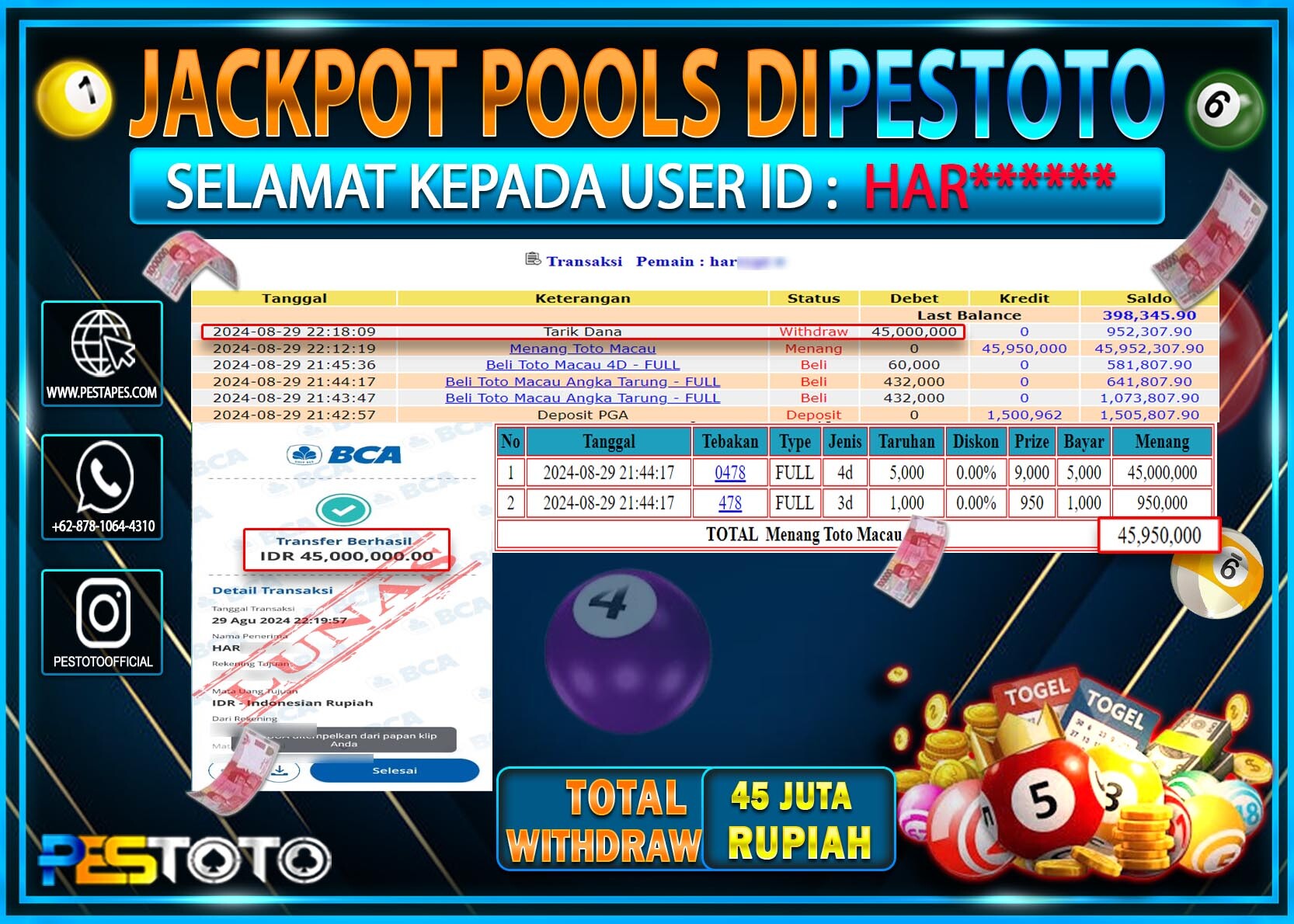 HANYA DI PESTOTO JP PASTI DI BAYAR LUNAS DAN CEPAT!!!!!! JP TOGEL { TOTO MACAU 4D } Rp. 45.000.000!!!!!