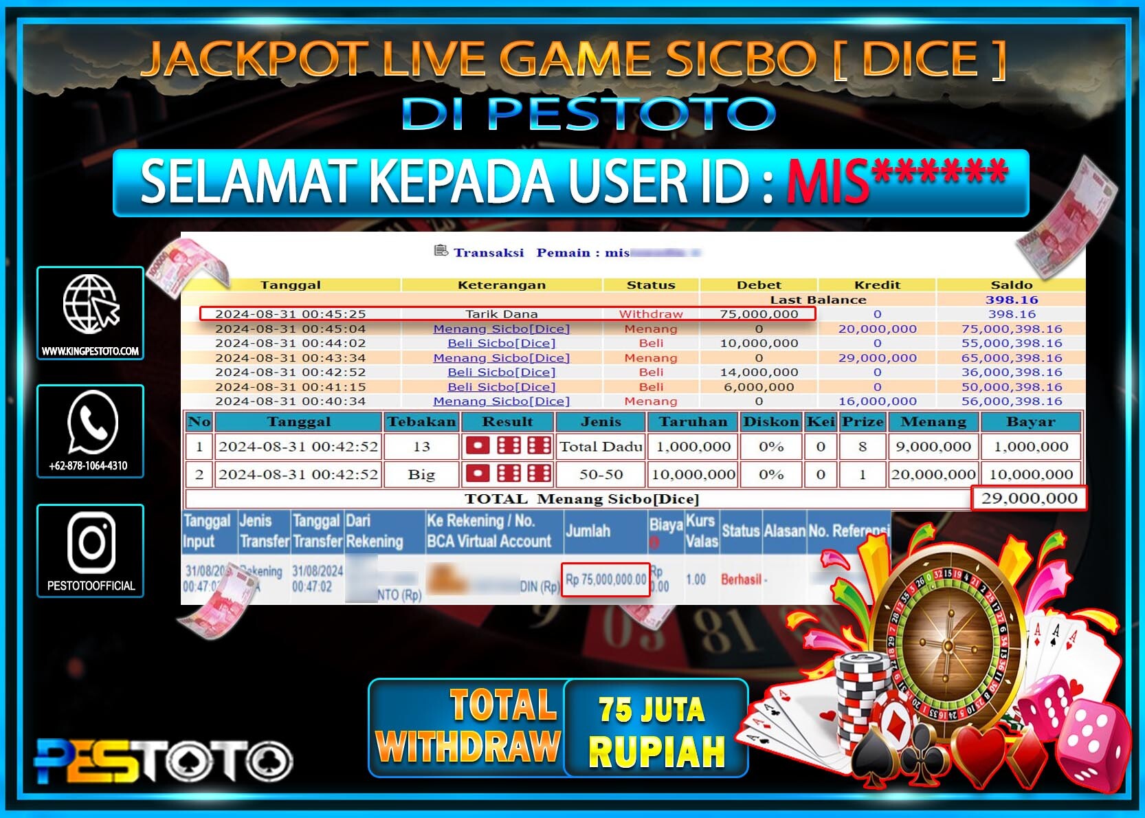HANYA DI PESTOTO JP PASTI DI BAYAR LUNAS DAN CEPAT!!!!!! LIVE GAME { LIVE GAMES SICBO [DICE] } Rp. 75.000.000!!!!!