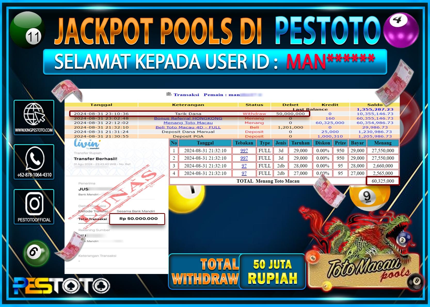 HANYA DI PESTOTO JP PASTI DI BAYAR LUNAS DAN CEPAT!!!!!! JP TOGEL { TOTO MACAU 4D } Rp. 50.000.000!!!!!