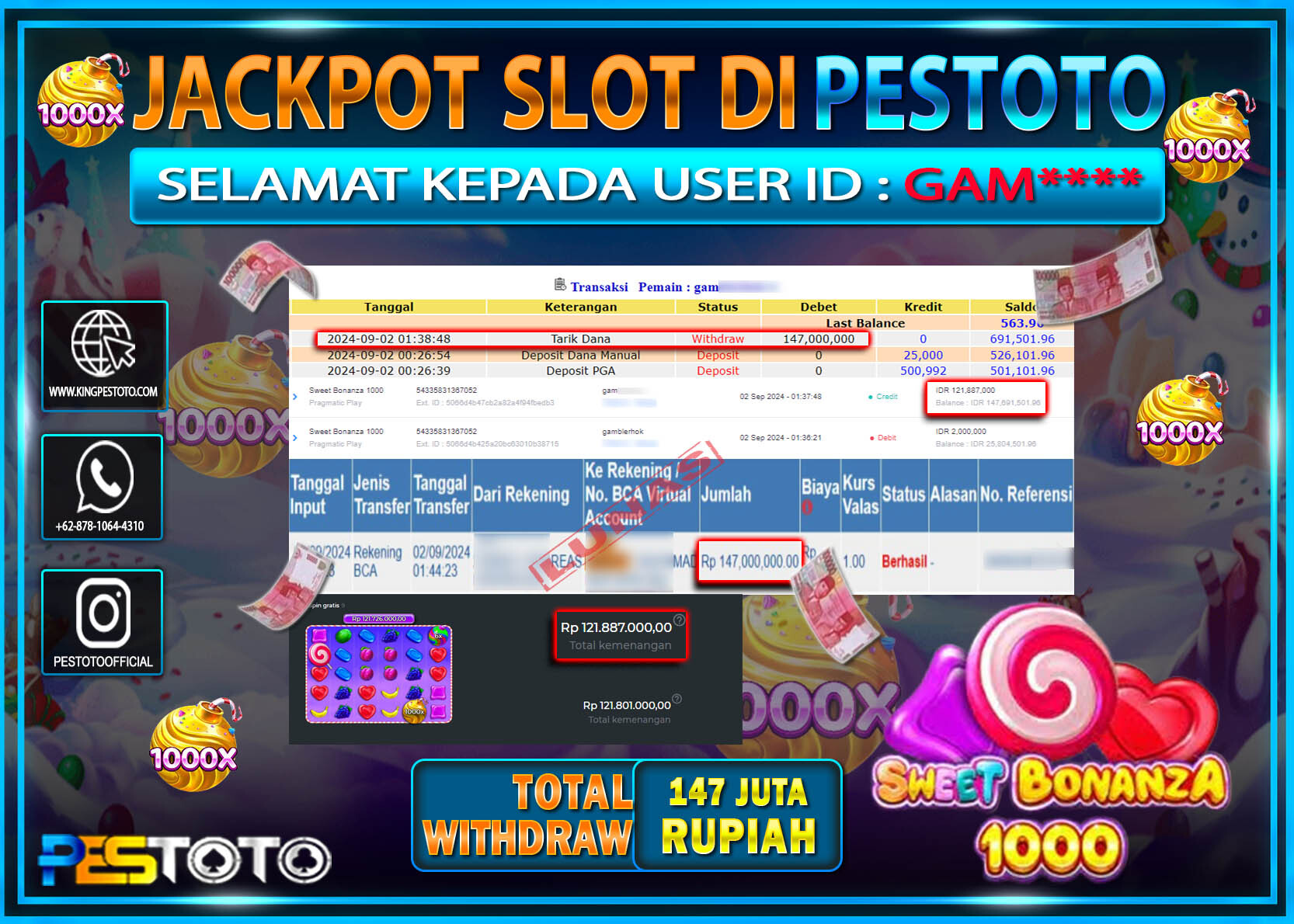 HANYA DI PESTOTO JP PASTI DI BAYAR LUNAS DAN CEPAT!!!!!! JP SLOT { SWEET BONANZA 1000 } Rp. 147.000.000!!!!!
