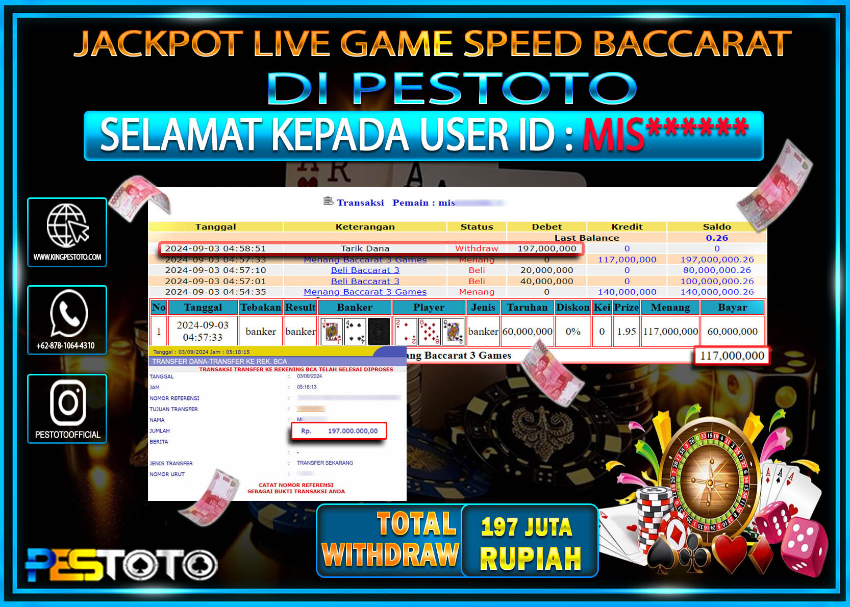 HANYA DI PESTOTO JP PASTI DI BAYAR LUNAS DAN CEPAT!!!!!! JP LIVE GAMES  { LIVE GAMES BACCARAT 3 } Rp. 197.000.000!!!!!