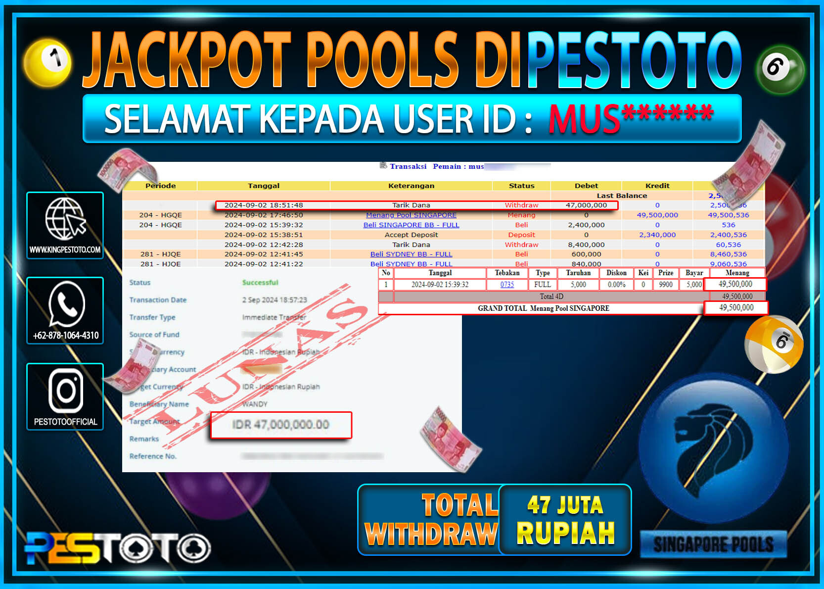 HANYA DI PESTOTO JP PASTI DI BAYAR LUNAS DAN CEPAT!!!!!! JP TOGEL { SINGAPORE } Rp. 50.000.000!!!!!