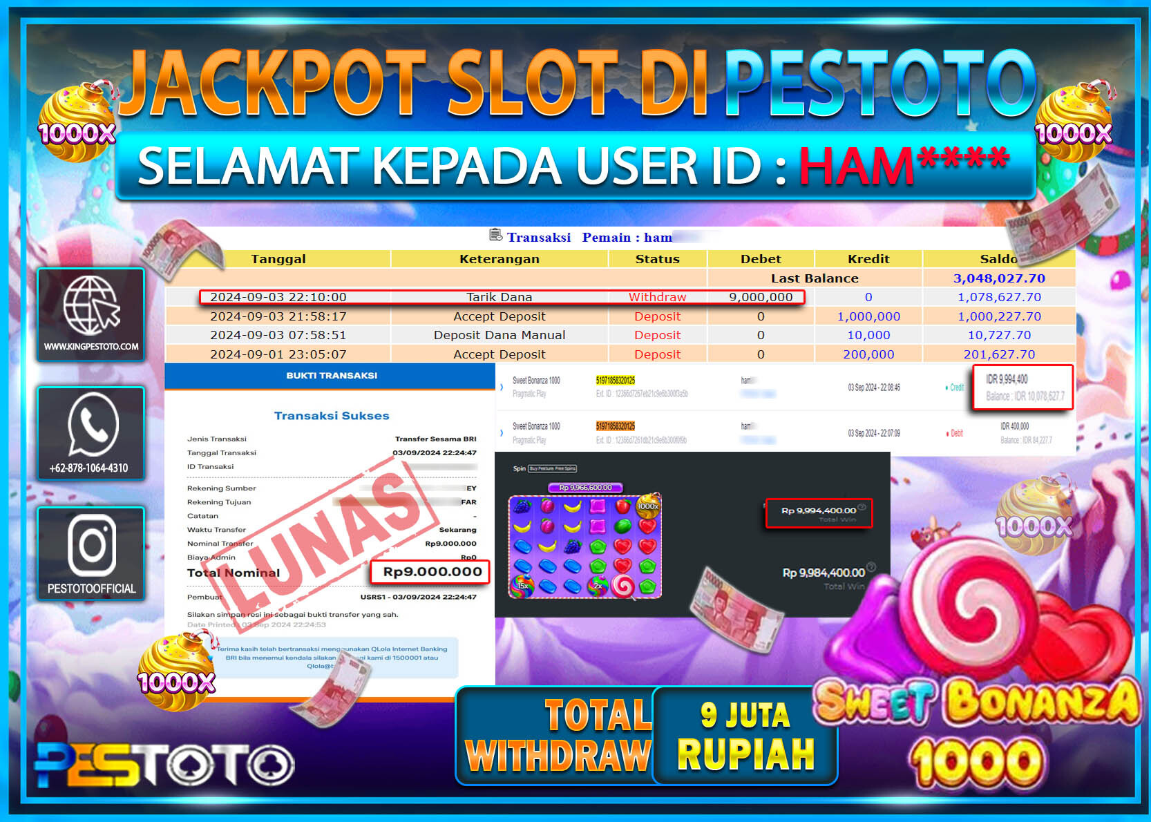 HANYA DI PESTOTO JP PASTI DI BAYAR LUNAS DAN CEPAT!!!!!! JP SLOT { SWEET BONANZA 1000 } Rp. 9.000.000!!!!!