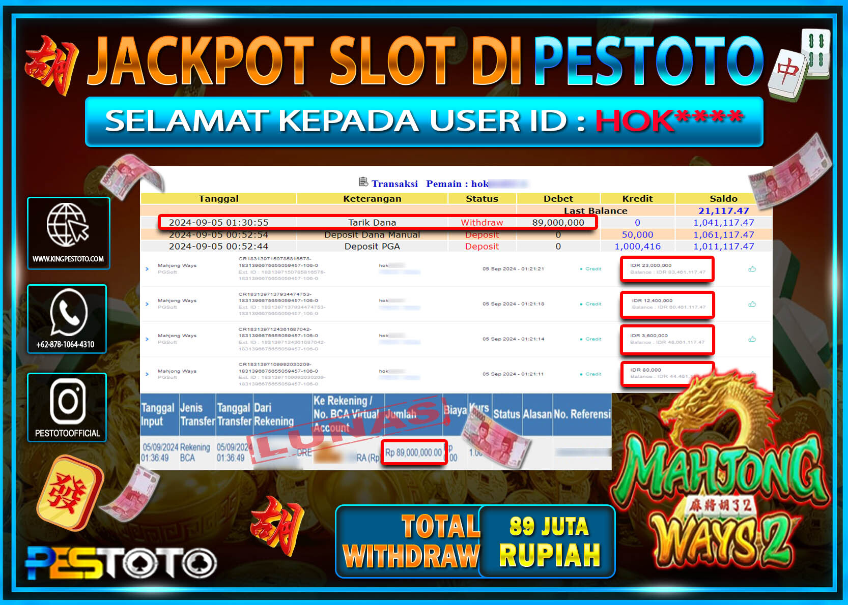 HANYA DI PESTOTO JP PASTI DI BAYAR LUNAS DAN CEPAT!!!!!! JP SLOT { MAHJONG WAYS } Rp. 89.000.000!!!!!