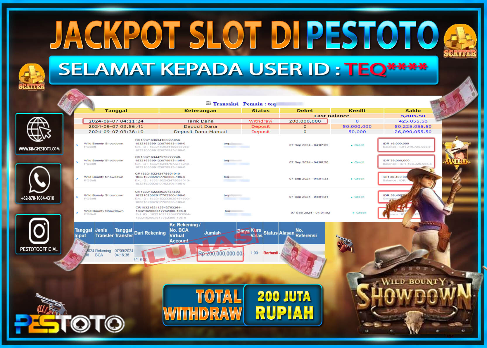 HANYA DI PESTOTO JP PASTI DI BAYAR LUNAS DAN CEPAT!!!!!! JP SLOT { WILD BOUNTY SHOWDOWN } Rp. 200.000.000!!!!!