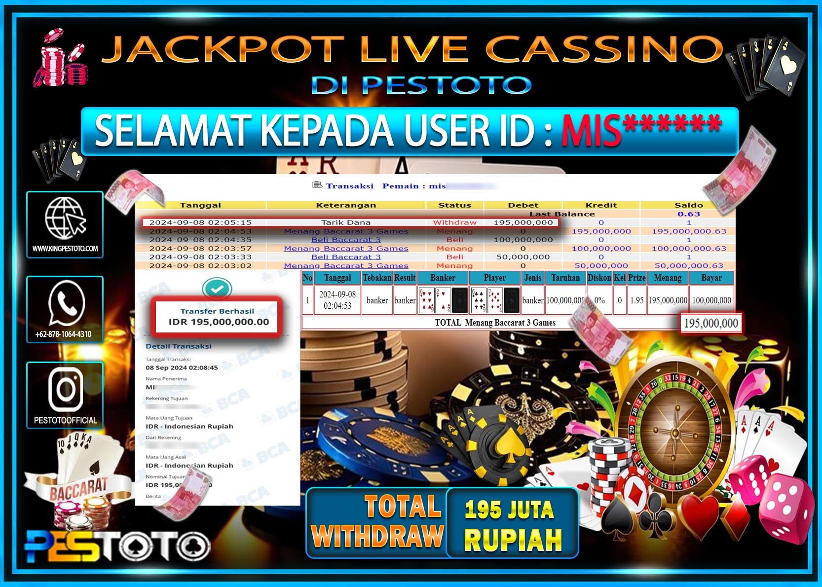 HANYA DI PESTOTO JP PASTI DI BAYAR LUNAS DAN CEPAT!!!!!! JP LIVE GAME { LIVE GAME BACCARAT 3 } Rp. 195.000.000!!!!!