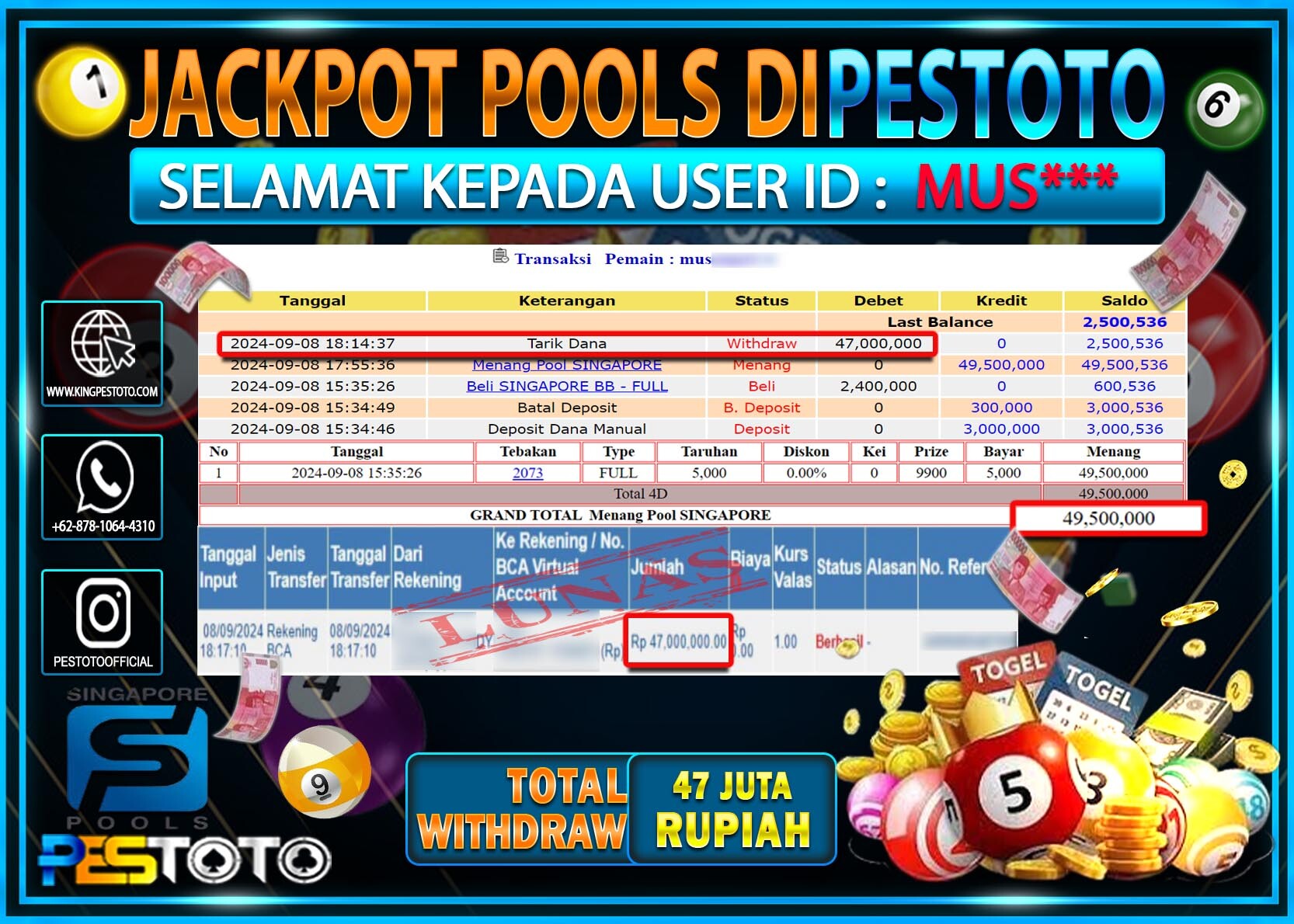 HANYA DI PESTOTO JP PASTI DI BAYAR LUNAS DAN CEPAT!!!!!! JP TOGEL { SINGAPORE } Rp. 47.000.000!!!!!