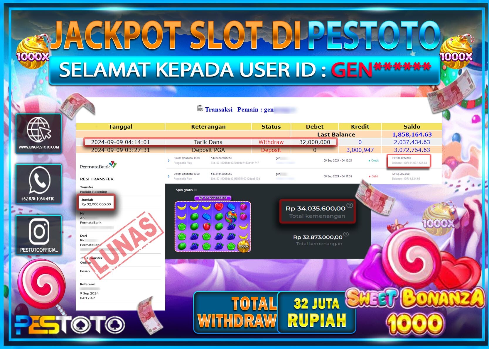 HANYA DI PESTOTO JP PASTI DI BAYAR LUNAS DAN CEPAT!!!!!! JP SLOT { SWEET BONANZA 1000 } Rp. 32.000.000!!!!!