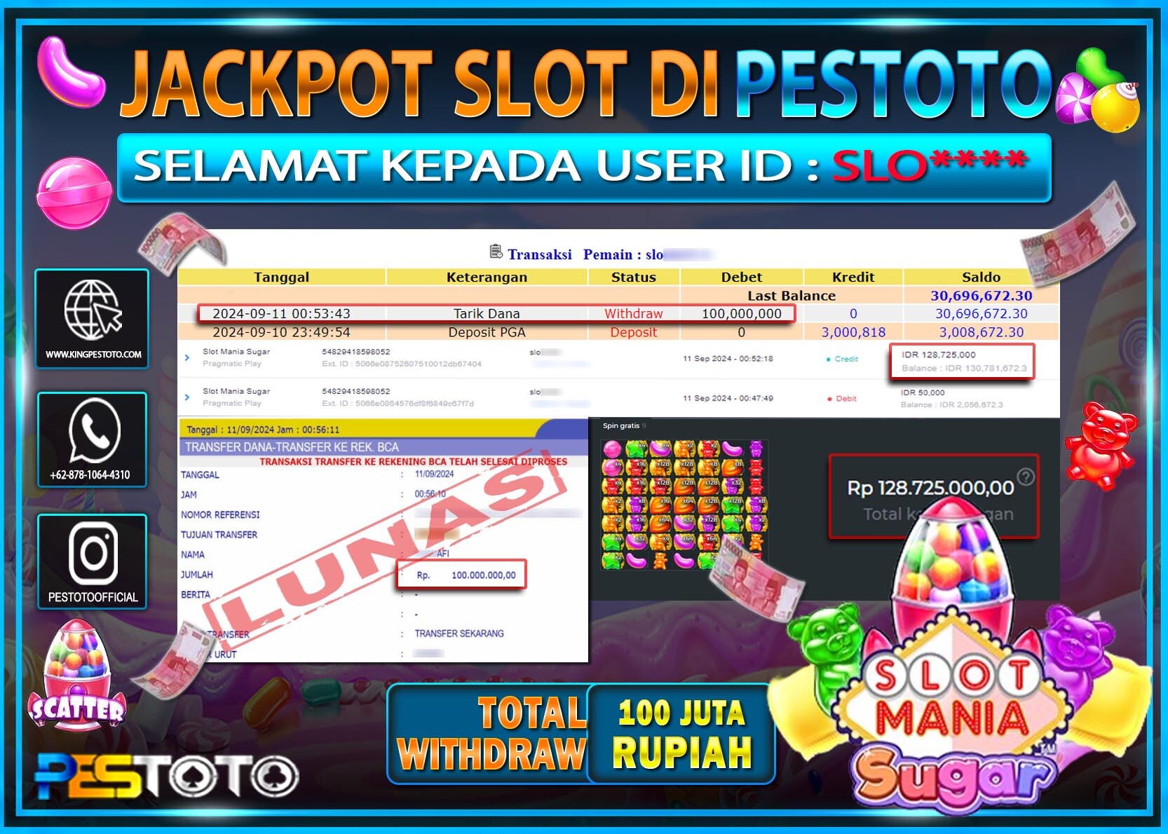 HANYA DI PESTOTO JP PASTI DI BAYAR LUNAS DAN CEPAT!!!!!! JP SLOT { SLOT MANIA SUGAR } Rp. 100.000.000!!!!!
