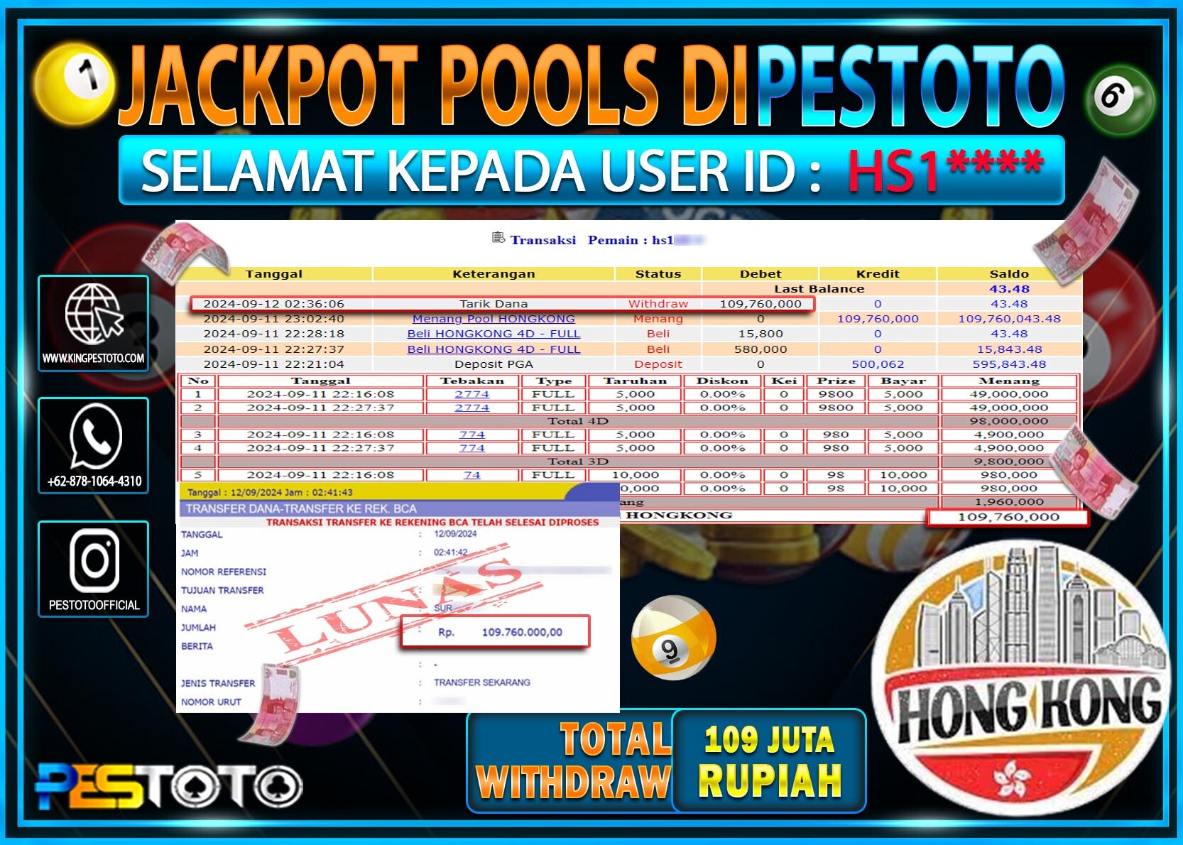 HANYA DI PESTOTO JP PASTI DI BAYAR LUNAS DAN CEPAT!!!!!! JP TOGEL { HONGKONG } Rp. 109.000.000!!!!!