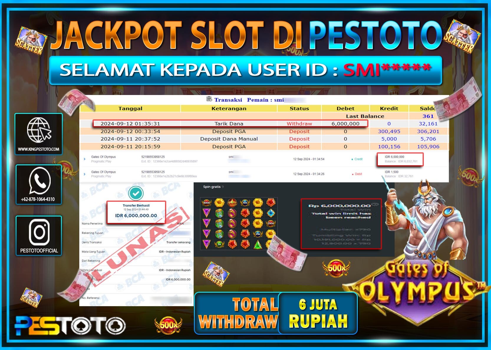 HANYA DI PESTOTO JP PASTI DI BAYAR LUNAS DAN CEPAT!!!!!! JP SLOT { GATES OF OLYMPUS } Rp. 6.000.000!!!!!