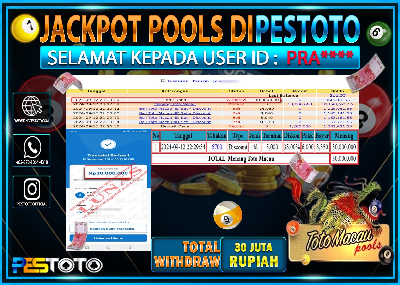 HANYA DI PESTOTO JP PASTI DI BAYAR LUNAS DAN CEPAT!!!!!! JP TOGEL { TOTO MACAU 4D } Rp. 30.000.000!!!!!