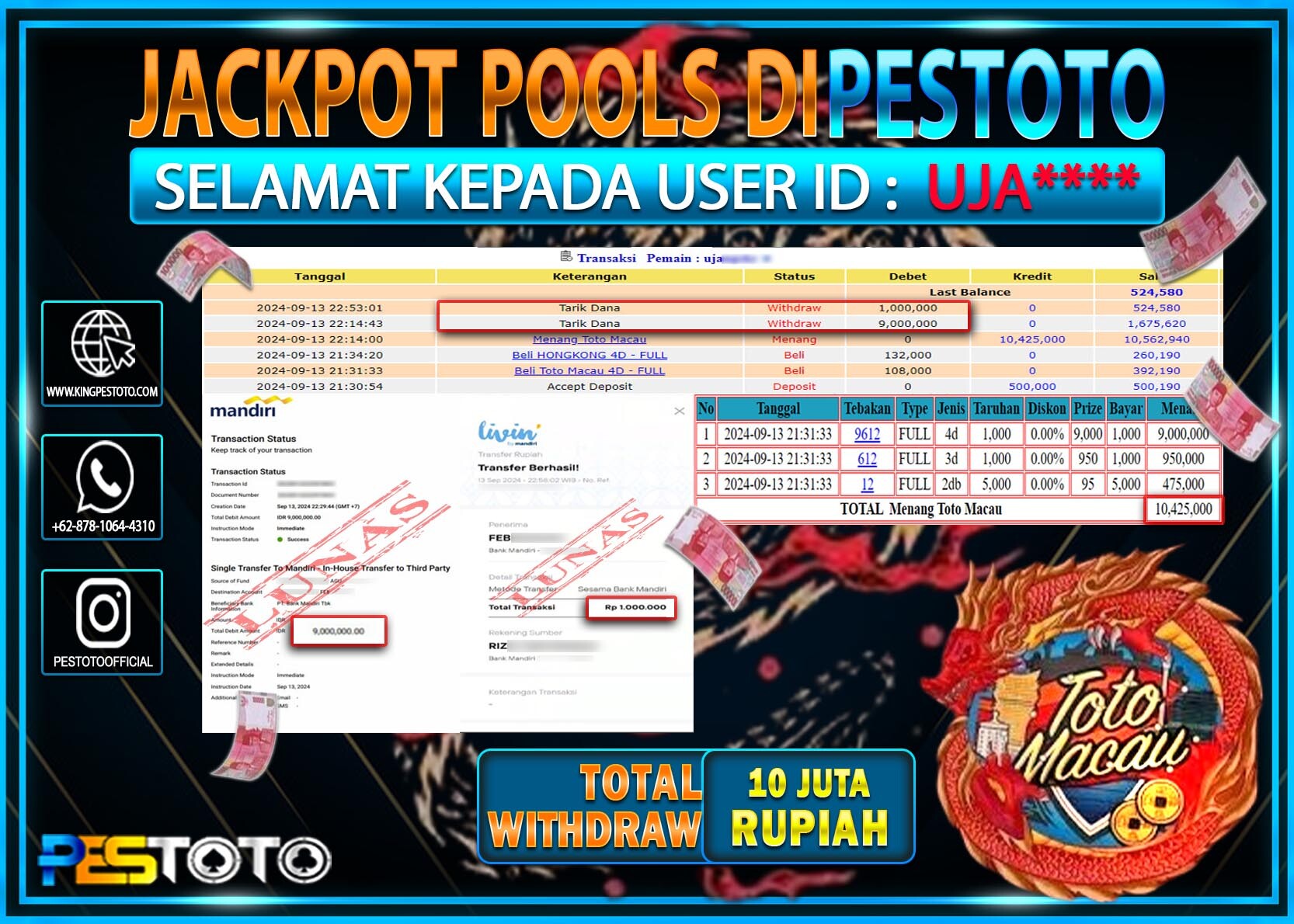 HANYA DI PESTOTO JP PASTI DI BAYAR LUNAS DAN CEPAT!!!!!! JP TOGEL { TOTO MACAU 4D } Rp. 10.000.000!!!!!