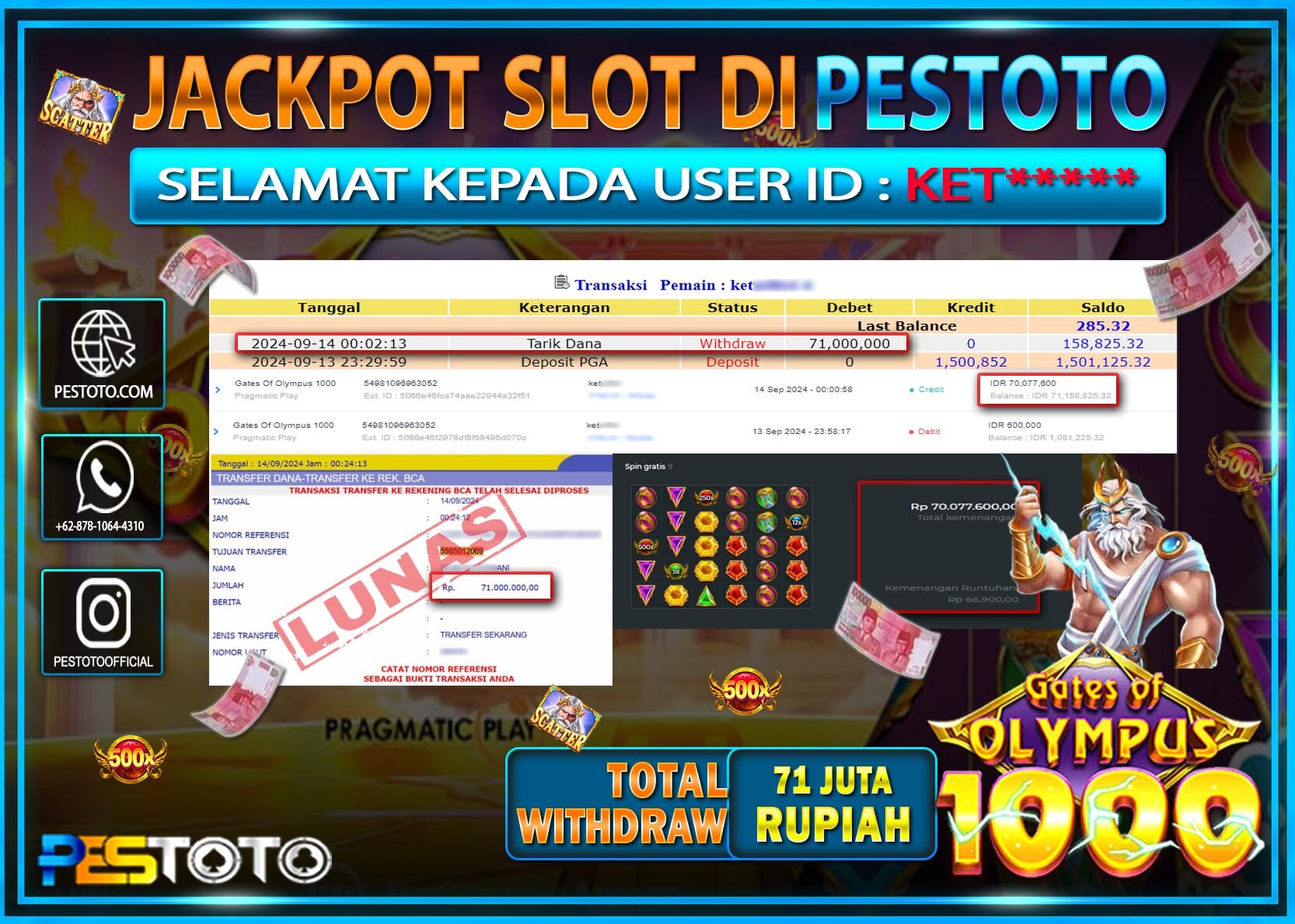 HANYA DI PESTOTO JP PASTI DI BAYAR LUNAS DAN CEPAT!!!!!! JP SLOT { GATES OF OLYMPUS 1000 } Rp. 71.000.000!!!!!