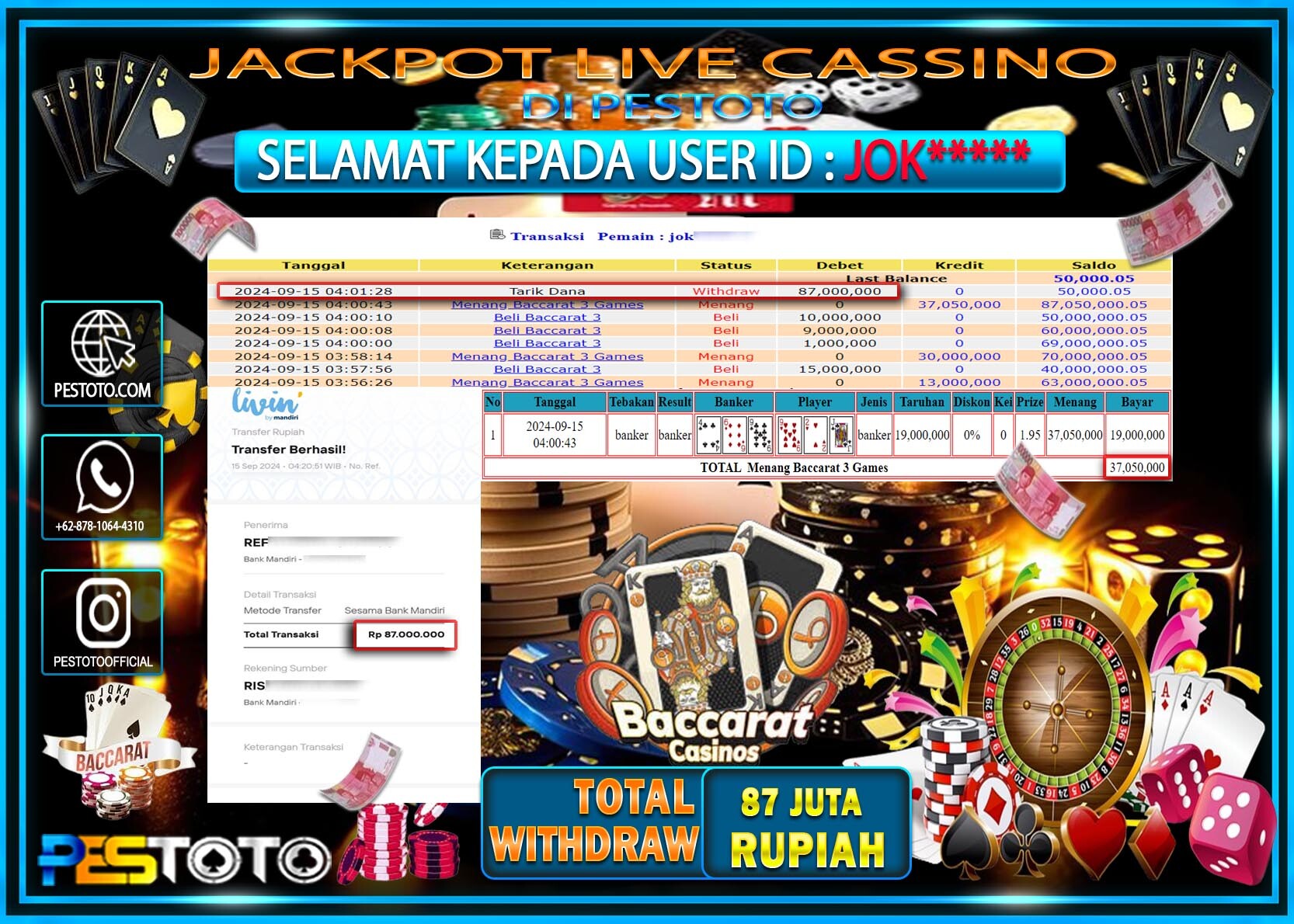 HANYA DI PESTOTO JP PASTI DI BAYAR LUNAS DAN CEPAT!!!!!! JP LIVEGAME { BACCARAT 3  } Rp .87.000.000!!!!!