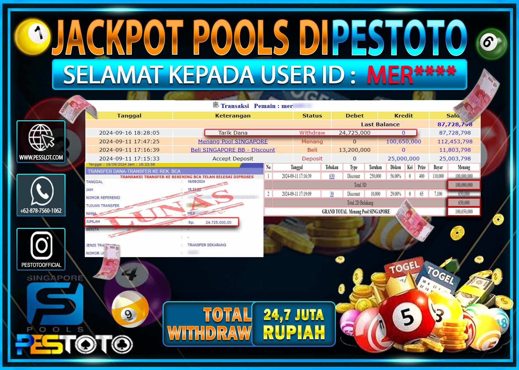 HANYA DI PESTOTO JP PASTI DI BAYAR LUNAS DAN CEPAT!!!!!! JP TOGEL { SINGAPORE } Rp. 24.725.000!!!!!