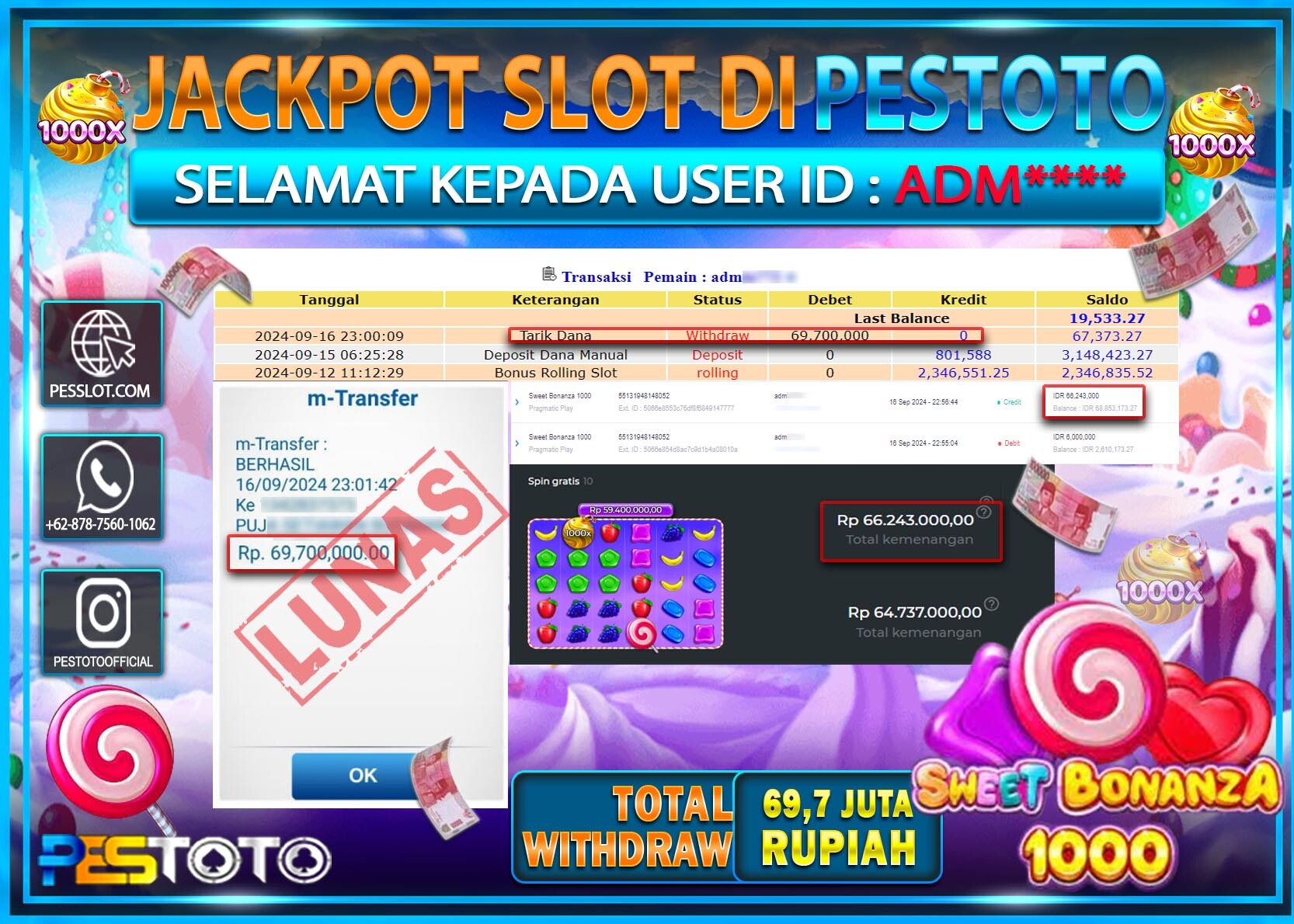 HANYA DI PESTOTO JP PASTI DI BAYAR LUNAS DAN CEPAT!!!!!! JP SLOT { SWEET BONANZA 1000 } Rp. 69,700.000!!!!!