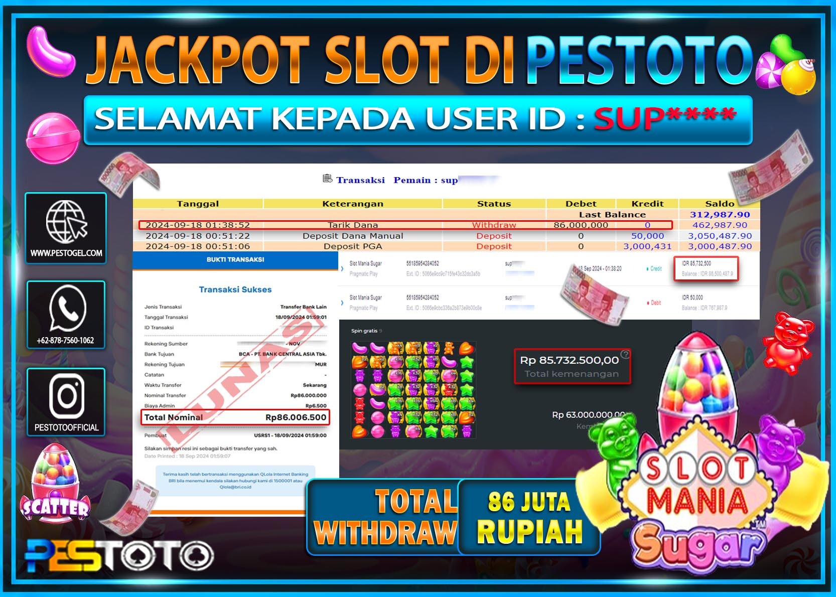 HANYA DI PESTOTO JP PASTI DI BAYAR LUNAS DAN CEPAT!!!!!! JP SLOT { SLOT MANIA SUGAR } Rp. 86.000.000!!!!!