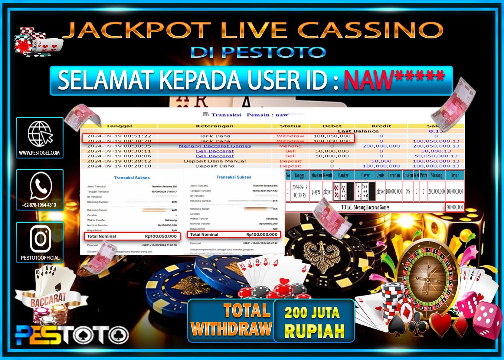 HANYA DI PESTOTO JP PASTI DI BAYAR LUNAS DAN CEPAT!!!!!! JP LIVEGAME { BACCARAT } Rp .200.000.000!!!!!