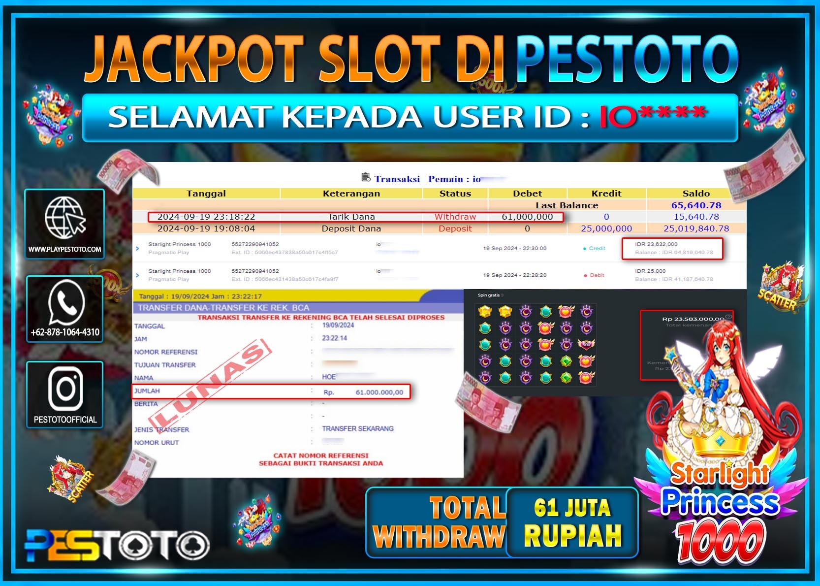 HANYA DI PESTOTO JP PASTI DI BAYAR LUNAS DAN CEPAT!!!!!! JP SLOT { STARLIGHT PRINCES 1000 } Rp. 61.000.000!!!!!