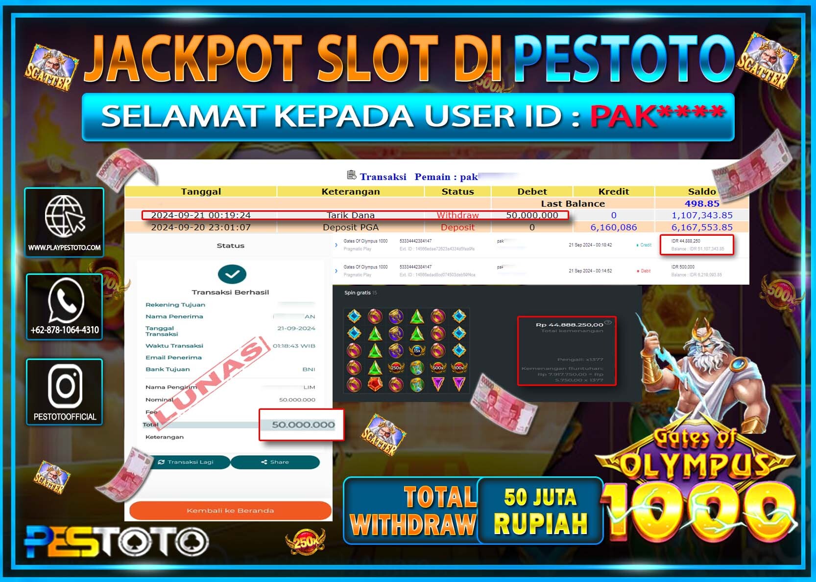 HANYA DI PESTOTO JP PASTI DI BAYAR LUNAS DAN CEPAT!!!!!! JP SLOT { GATES OF OLYMPUS 1000 } Rp. 50.000.000!!!!!