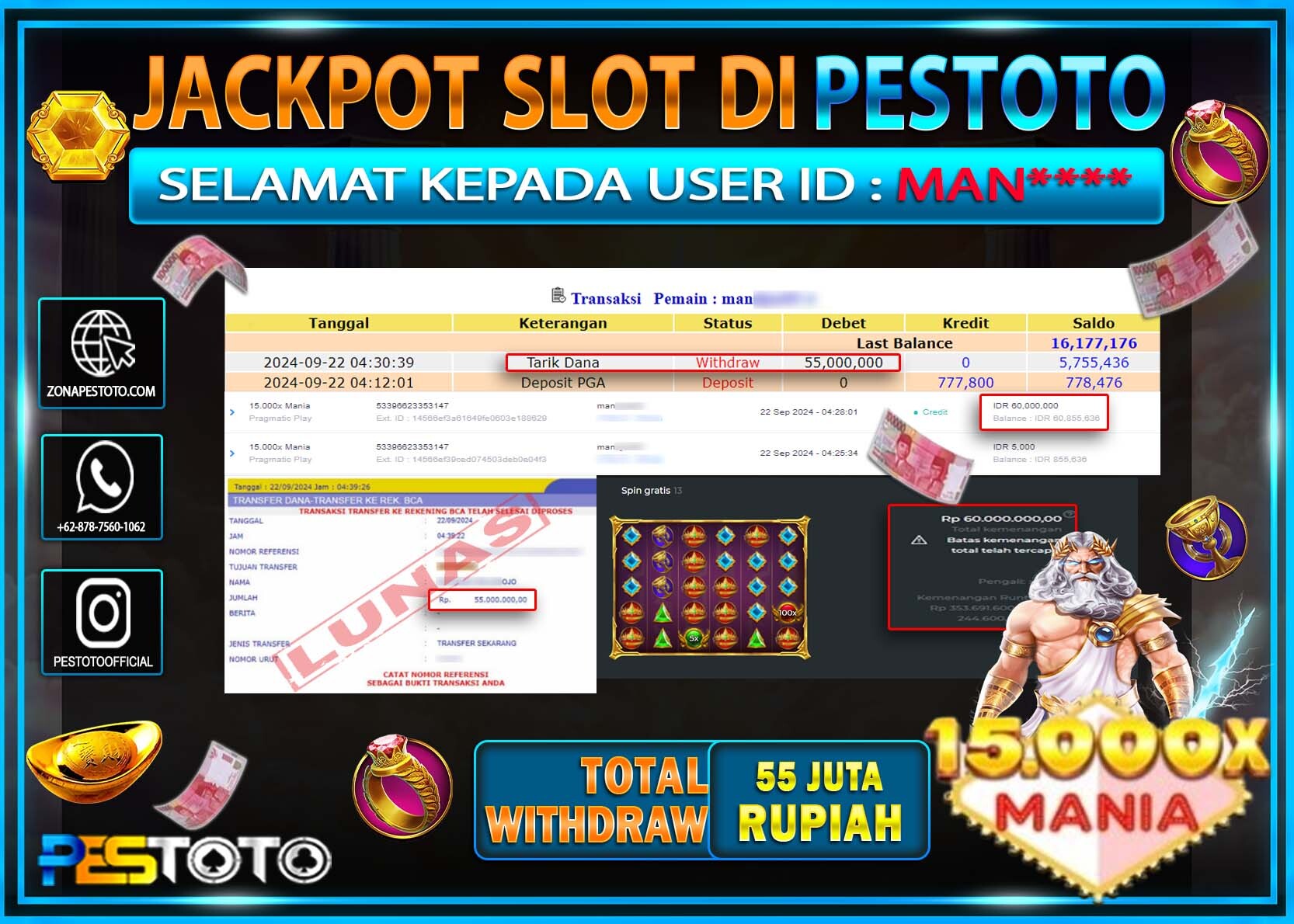 HANYA DI PESTOTO JP PASTI DI BAYAR LUNAS DAN CEPAT!!!!!! JP SLOT { 15.000x MANIA } Rp. 55.000.000!!!!!