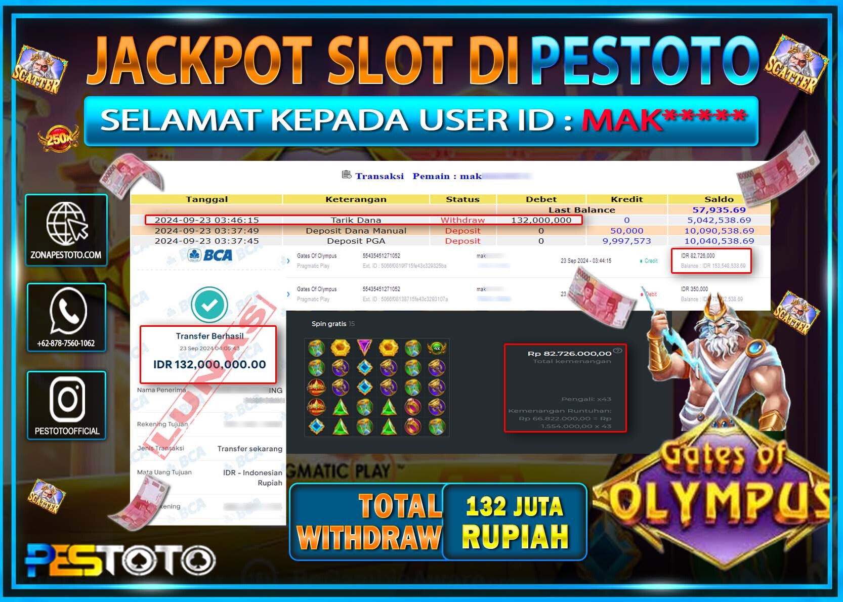 HANYA DI PESTOTO JP PASTI DI BAYAR LUNAS DAN CEPAT!!!!!! JP SLOT { GATES OF OLYMPUS } Rp. 132.000.000!!!!!