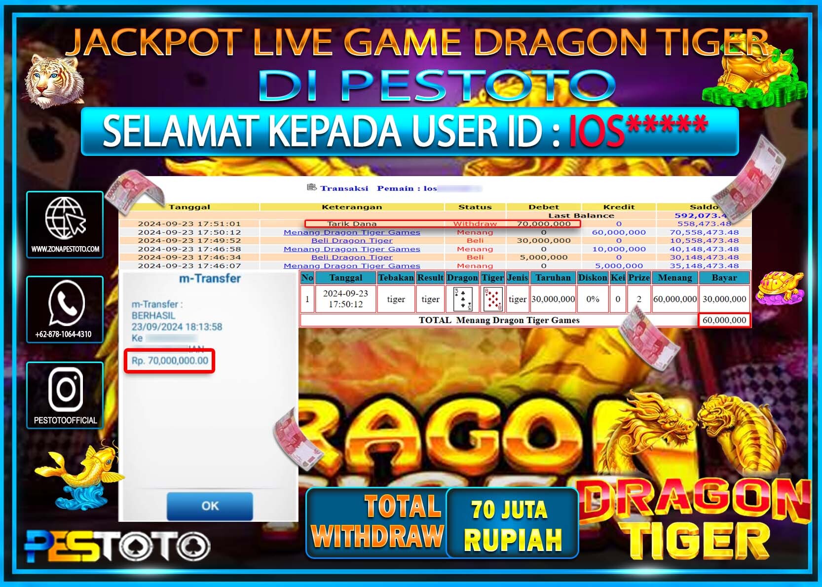 HANYA DI PESTOTO JP PASTI DI BAYAR LUNAS DAN CEPAT!!!!!! JP LIVEGAME { DRAGON TIGER  } Rp. 70.000.000!!!!!