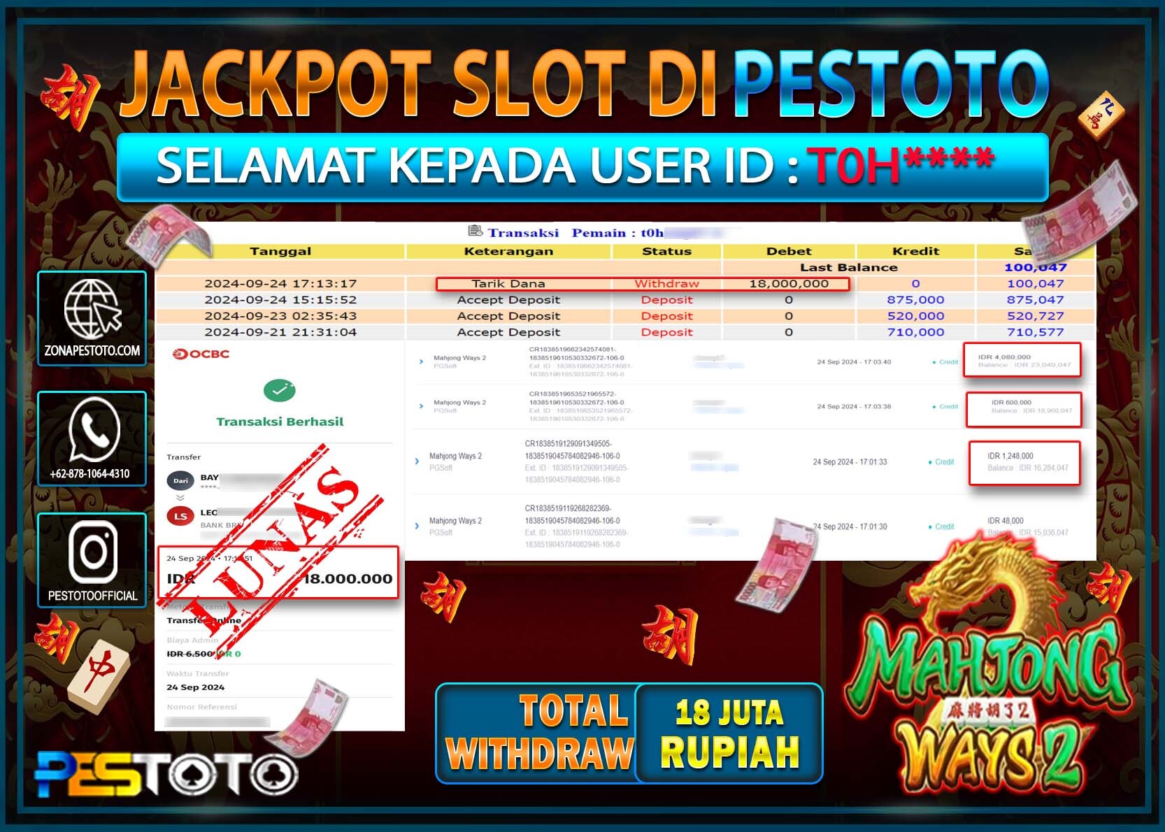 HANYA DI PESTOTO JP PASTI DI BAYAR LUNAS DAN CEPAT!!!!!! JP SLOT { MAHJONG WAYS2 } Rp. 18.000.000!!!!!