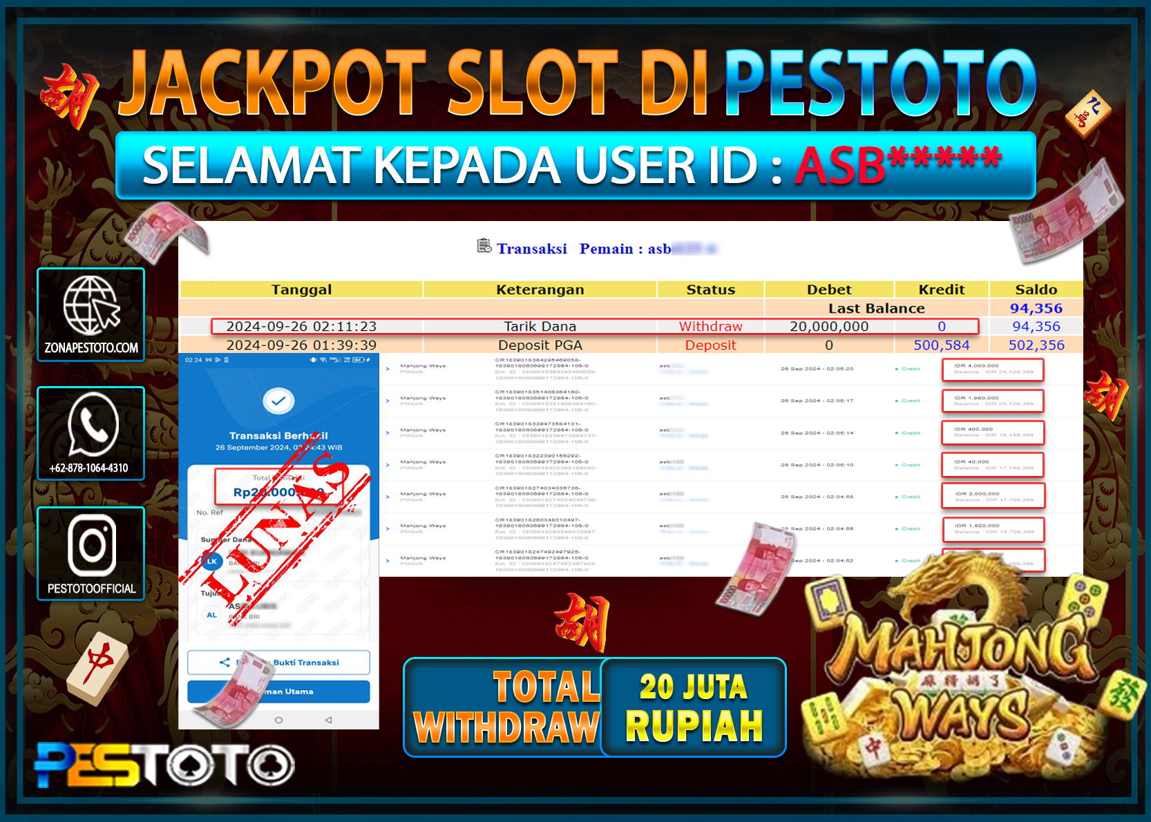 HANYA DI PESTOTO JP PASTI DI BAYAR LUNAS DAN CEPAT!!!!!! JP SLOT { MAHJONG WAYS } Rp. 20.000.000!!!!!