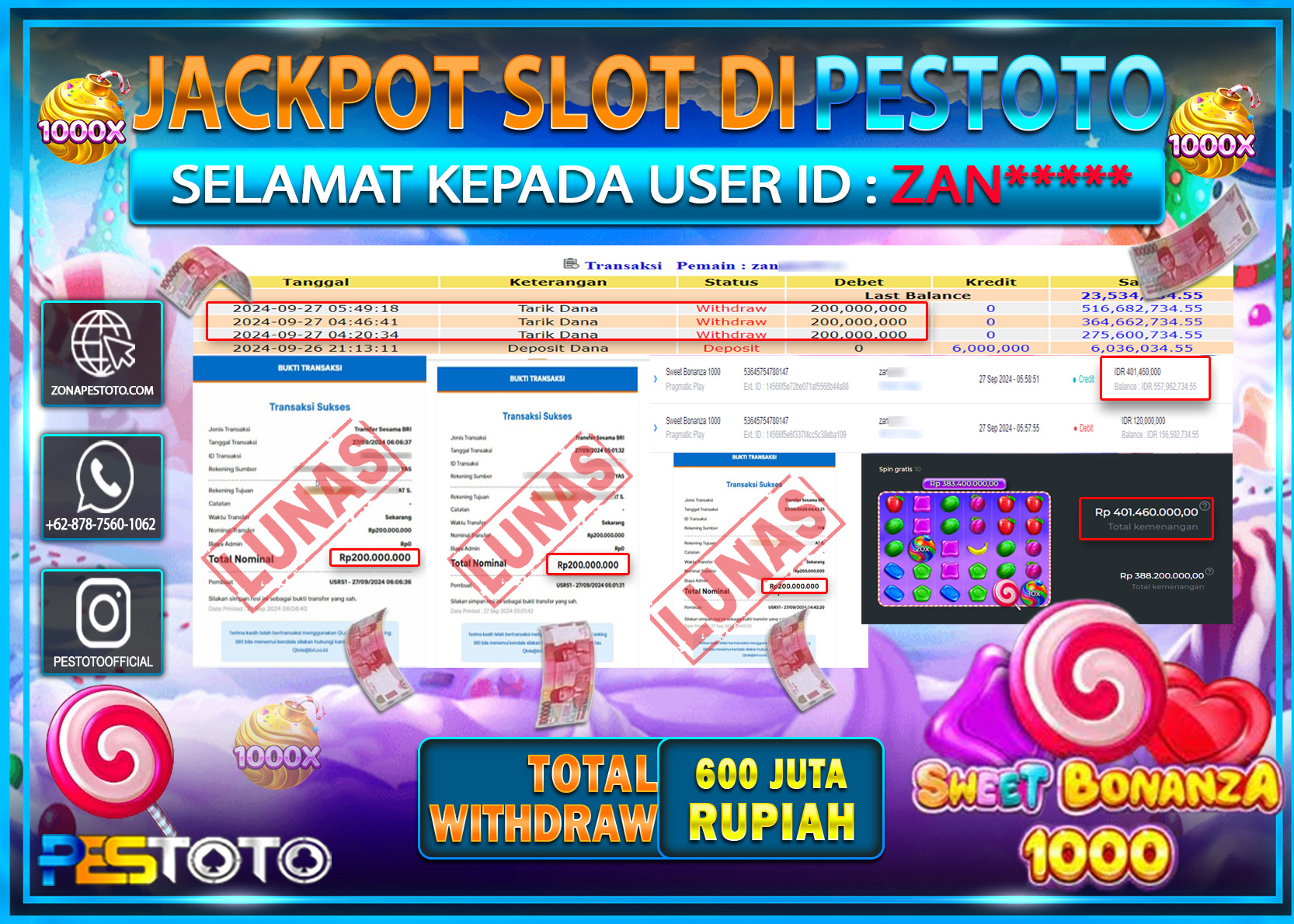HANYA DI PESTOTO JP PASTI DI BAYAR LUNAS DAN CEPAT!!!!!! JP SLOT { SWEET BONANZA 1000 } Rp. 600.000.000!!!!!