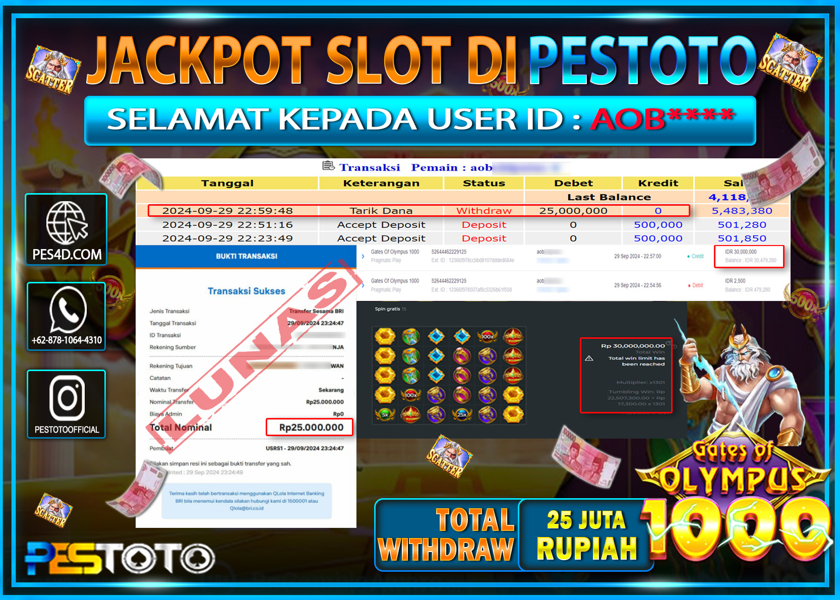 HANYA DI PESTOTO JP PASTI DI BAYAR LUNAS DAN CEPAT!!!!!! JP SLOT { GATES OF OLYMPUS 1000 } Rp. 25.000.000!!!!!