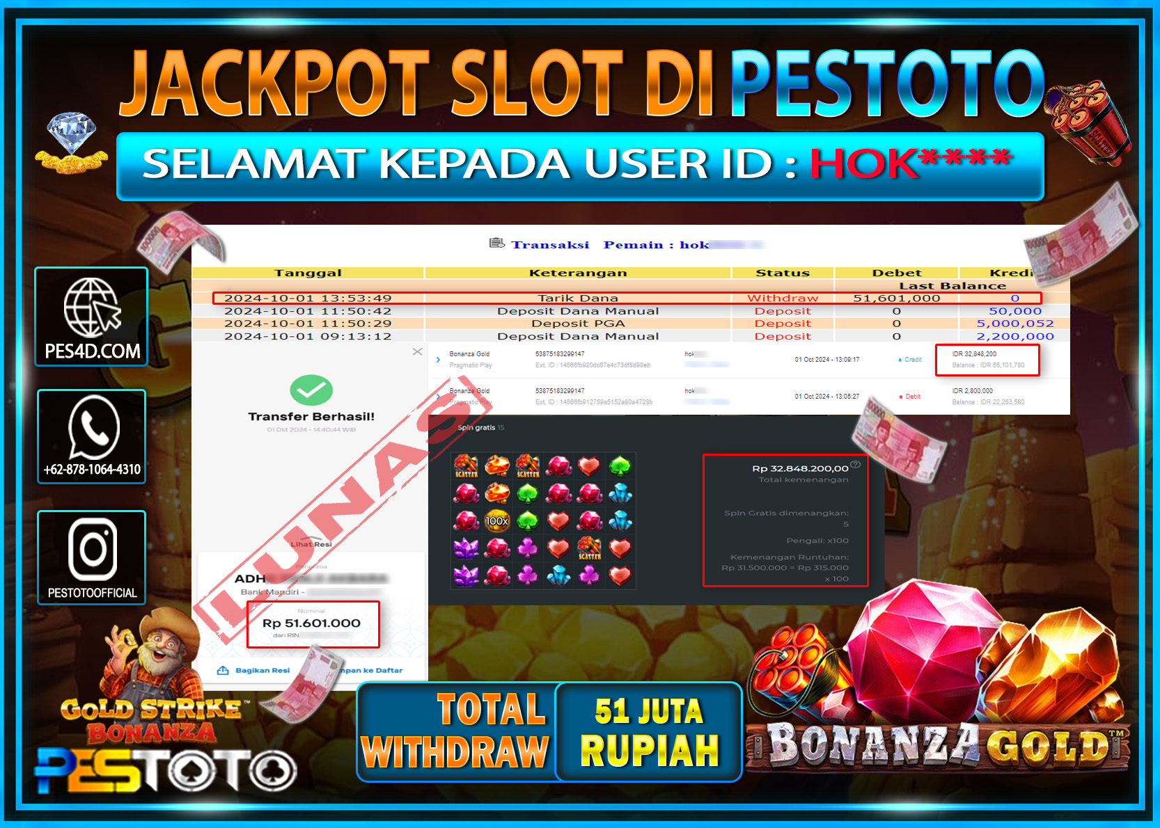 HANYA DI PESTOTO JP PASTI DI BAYAR LUNAS DAN CEPAT!!!!!! JP SLOT { BONANZA GOLD } Rp. 51.601.000!!!!!