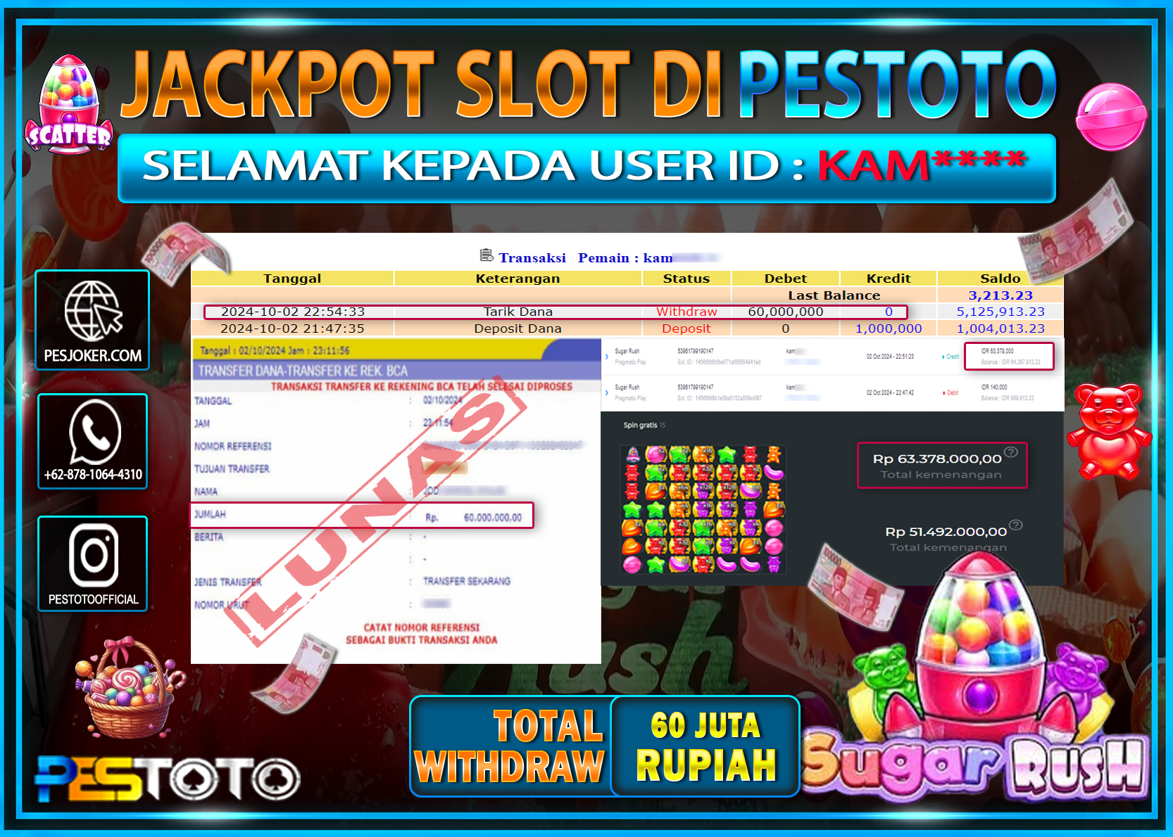 HANYA DI PESTOTO JP PASTI DI BAYAR LUNAS DAN CEPAT!!!!!! JP SLOT { SUGAR RUSH } Rp. 60.000.000!!!!!