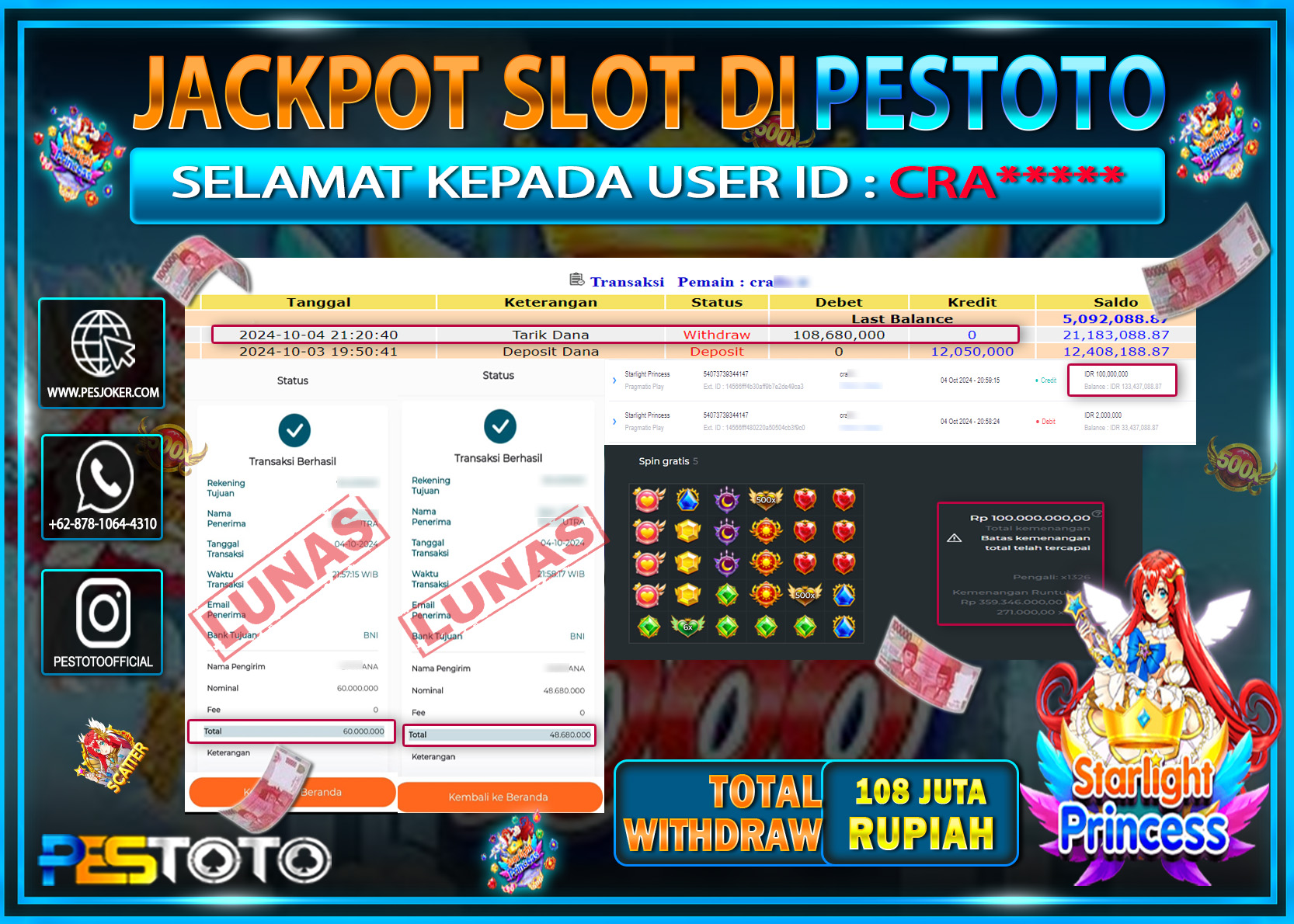 HANYA DI PESTOTO JP PASTI DI BAYAR LUNAS DAN CEPAT!!!!!! JP SLOT { STARLIGHT PRINCES } Rp. 108.000.000!!!!!