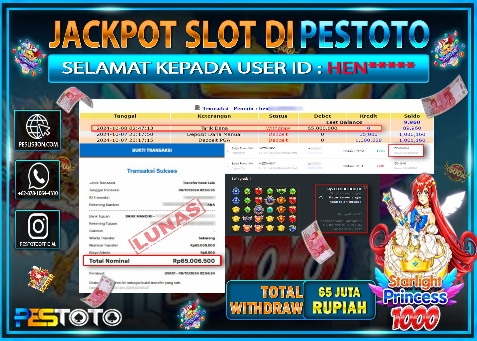 HANYA DI PESTOTO JP PASTI DI BAYAR LUNAS DAN CEPAT!!!!!! JP SLOT { STARLIGHT PRINCES 1000  } Rp. 65.000.000!!!!!