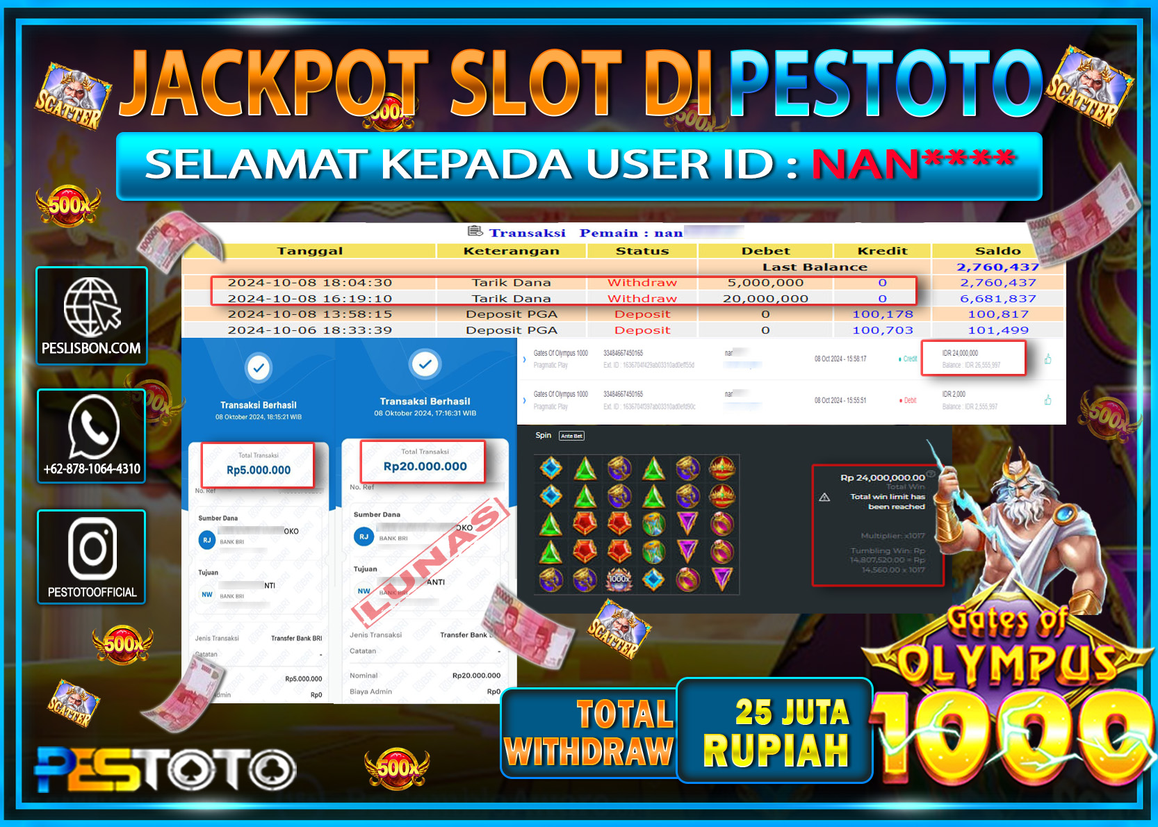 HANYA DI PESTOTO JP PASTI DI BAYAR LUNAS DAN CEPAT!!!!!! JP SLOT { GATES OF OLYMPUS 1000 } Rp. 25.000.000!!!!!