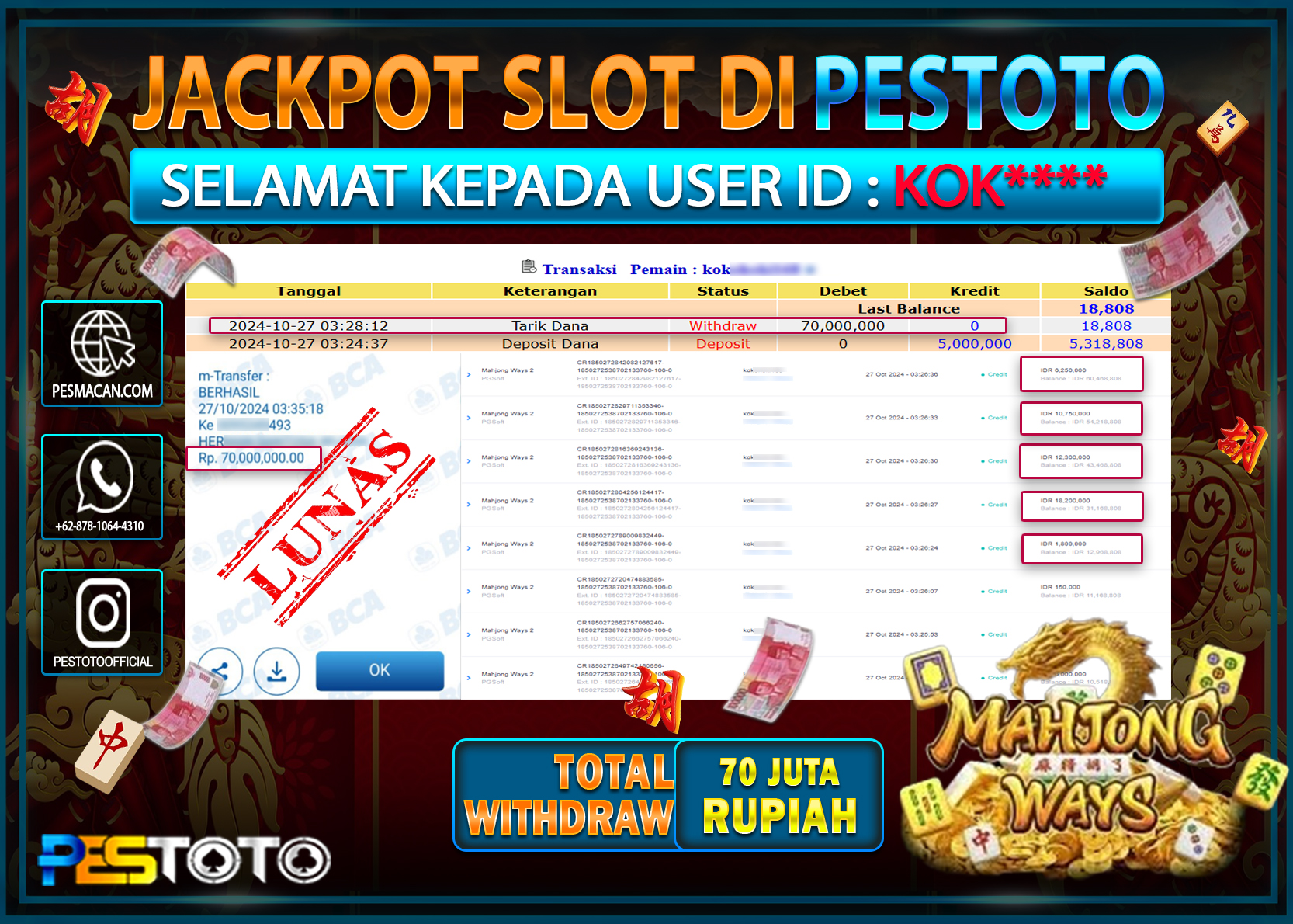 HANYA DI PESTOTO JP PASTI DI BAYAR LUNAS DAN CEPAT!!!!!! JP SLOT { MAHJONG WAYS } Rp. 70.000.000!!!!!