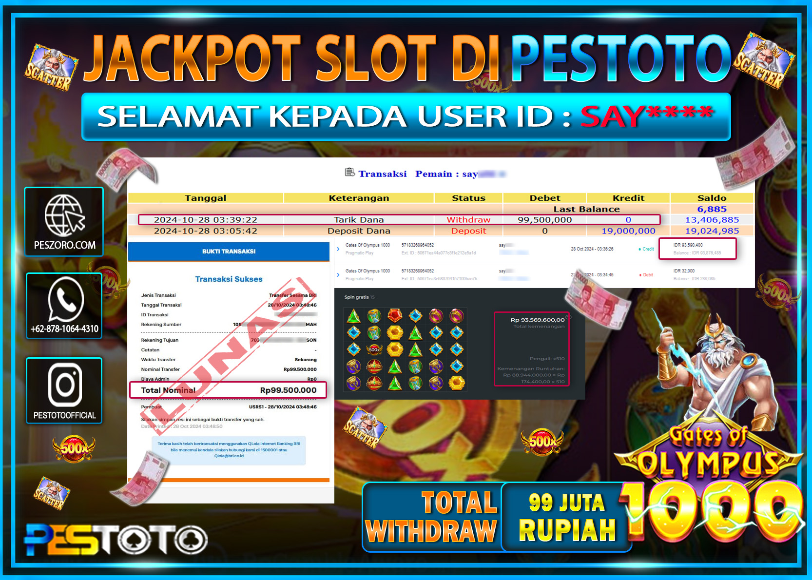 HANYA DI PESTOTO JP PASTI DI BAYAR LUNAS DAN CEPAT!!!!!! JP SLOT { GATES OF OLYMPUS 1000 } Rp. 99.500.000!!!!!