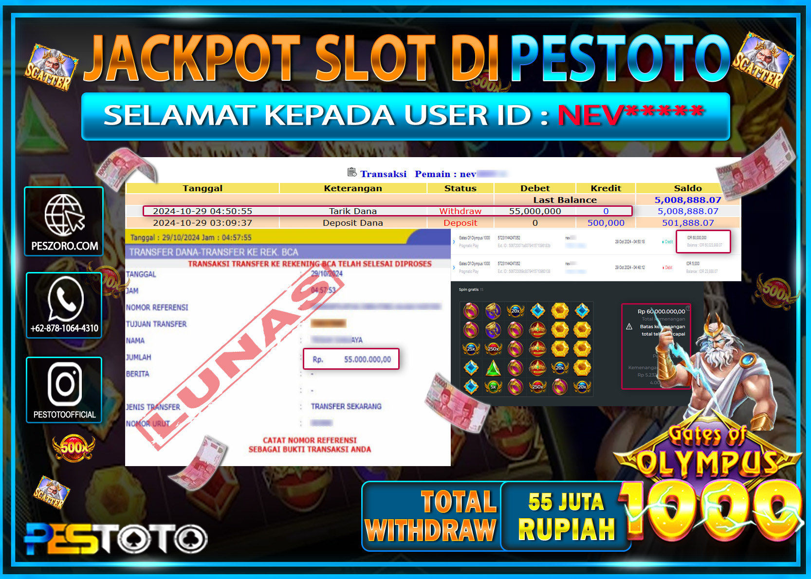 HANYA DI PESTOTO JP PASTI DI BAYAR LUNAS DAN CEPAT!!!!!! JP SLOT { GATES OF OLYMPUS 1000 } Rp. 55.000.000!!!!!