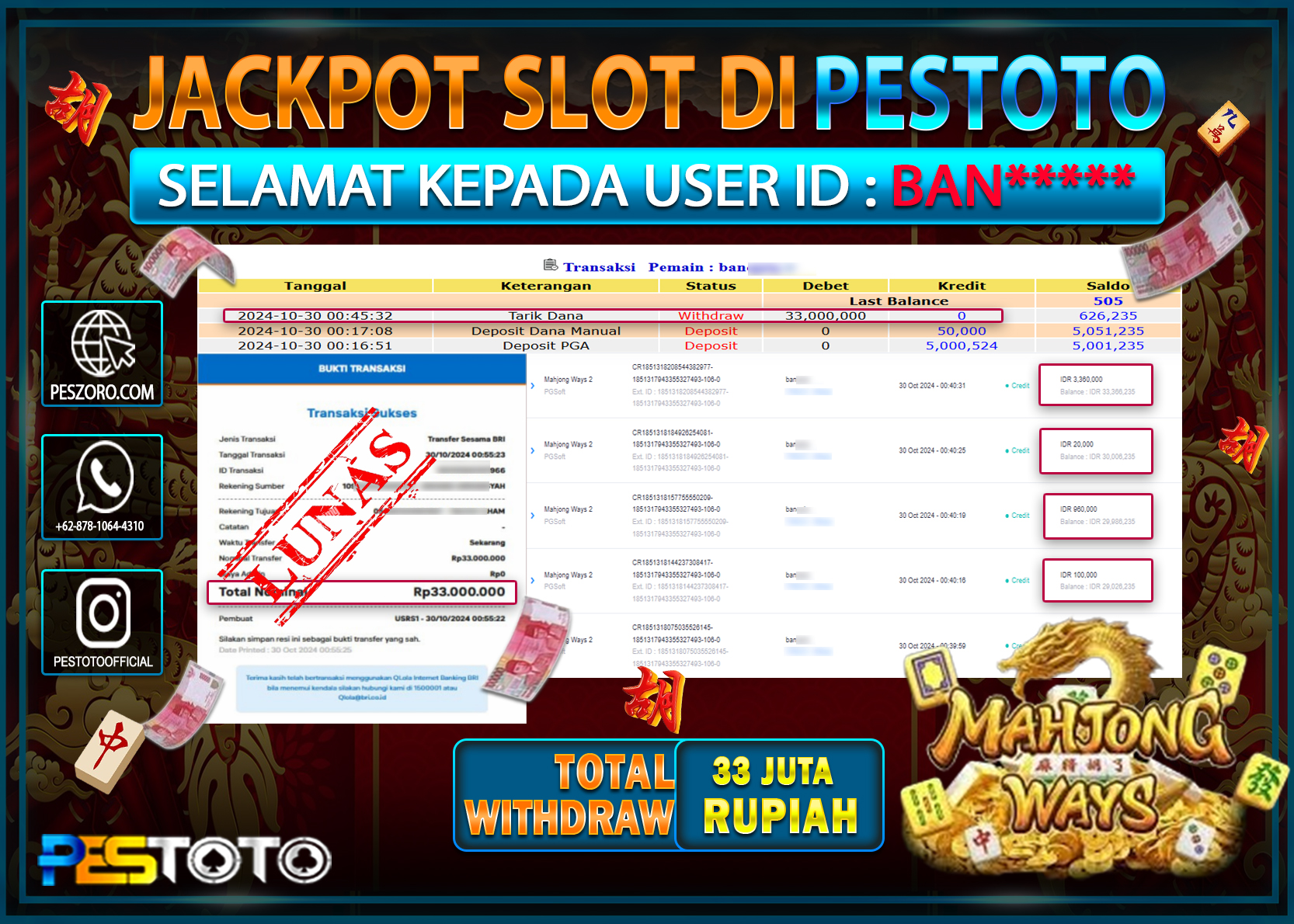 HANYA DI PESTOTO JP PASTI DI BAYAR LUNAS DAN CEPAT!!!!!! JP SLOT { MAHJONG WAYS } Rp. 33.000.000!!!!!